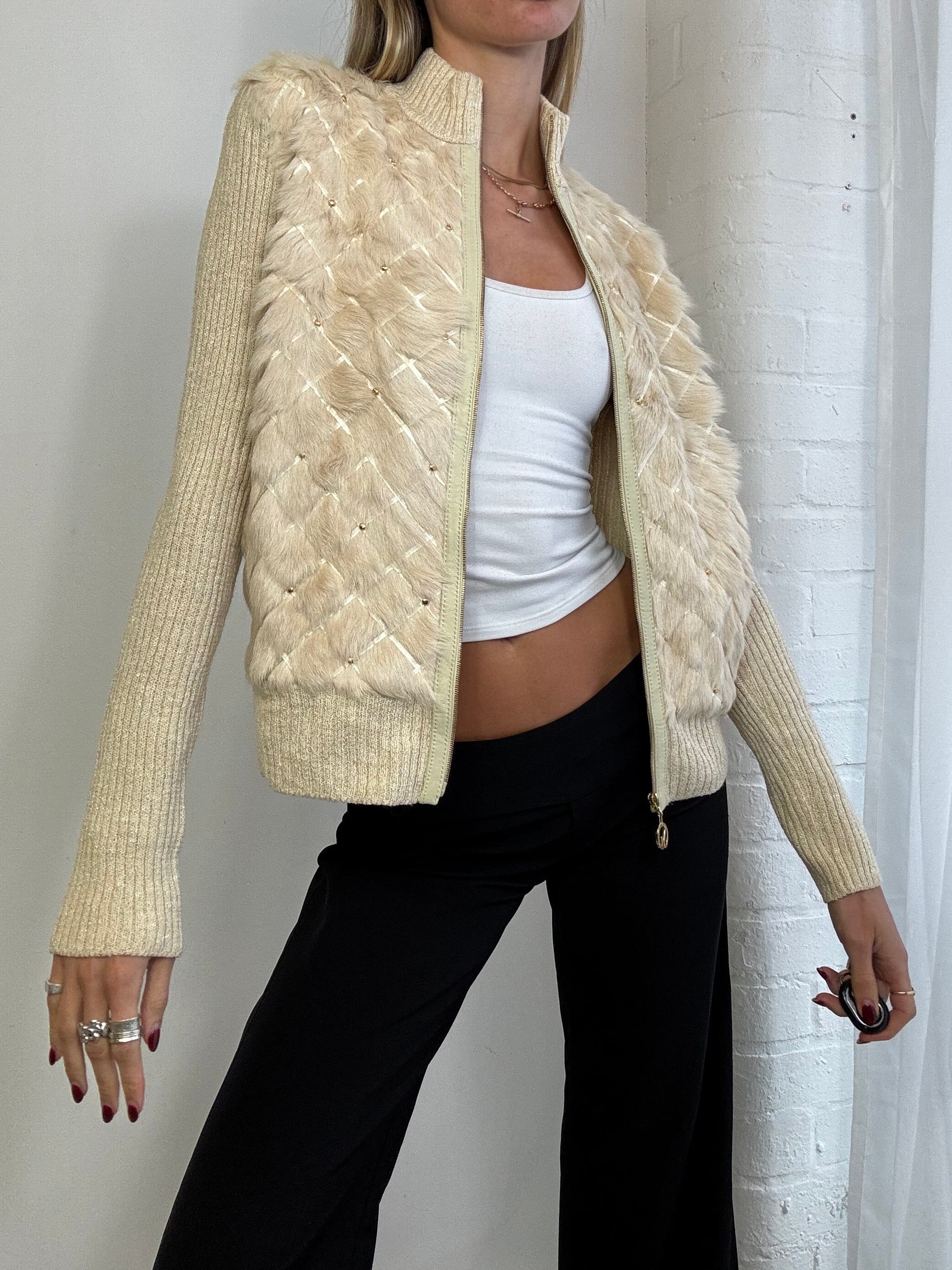 Vintage Y2K cream genuine fur zip up jumper