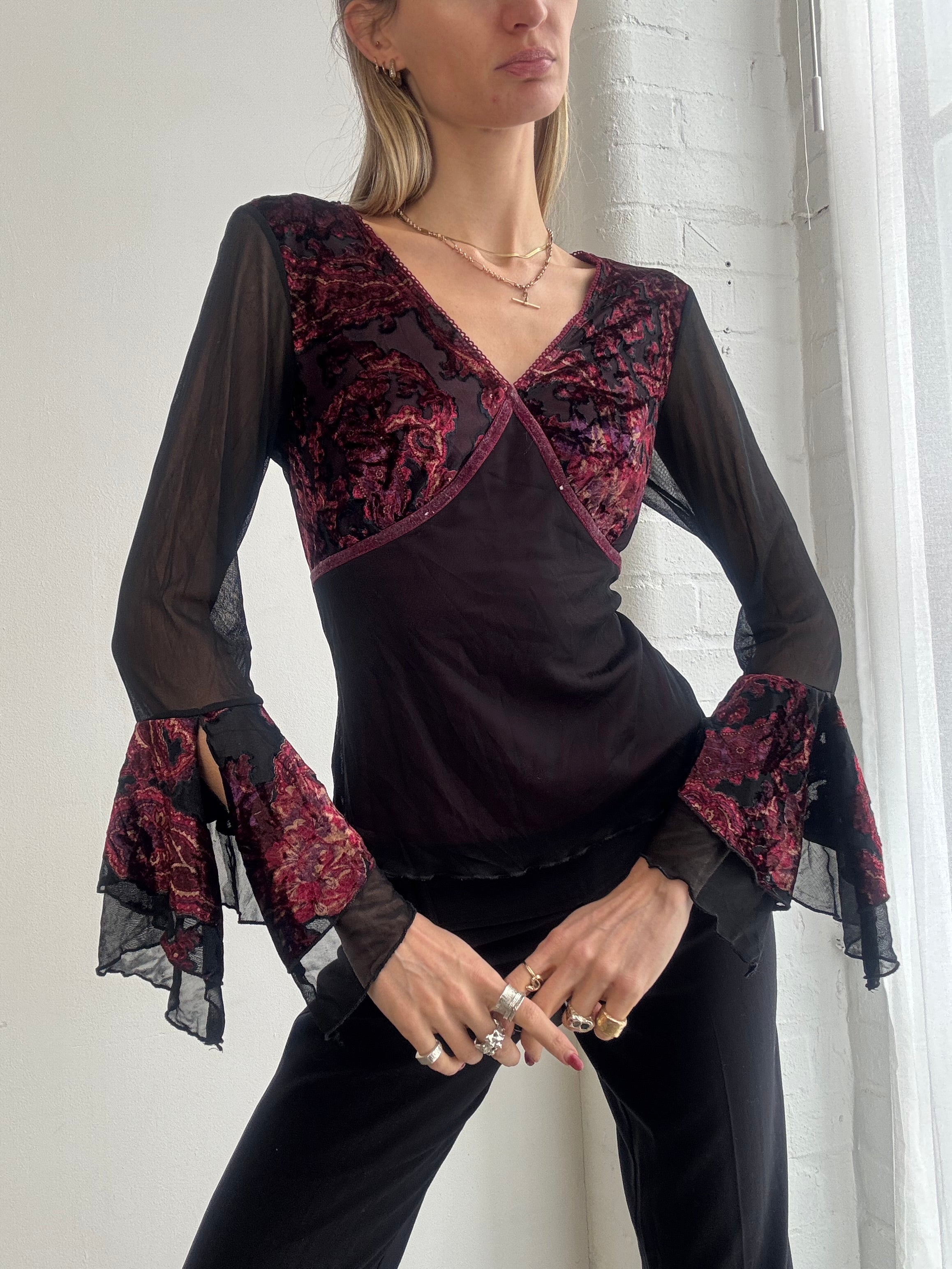 Vintage Y2K black & burgundy lace mesh top