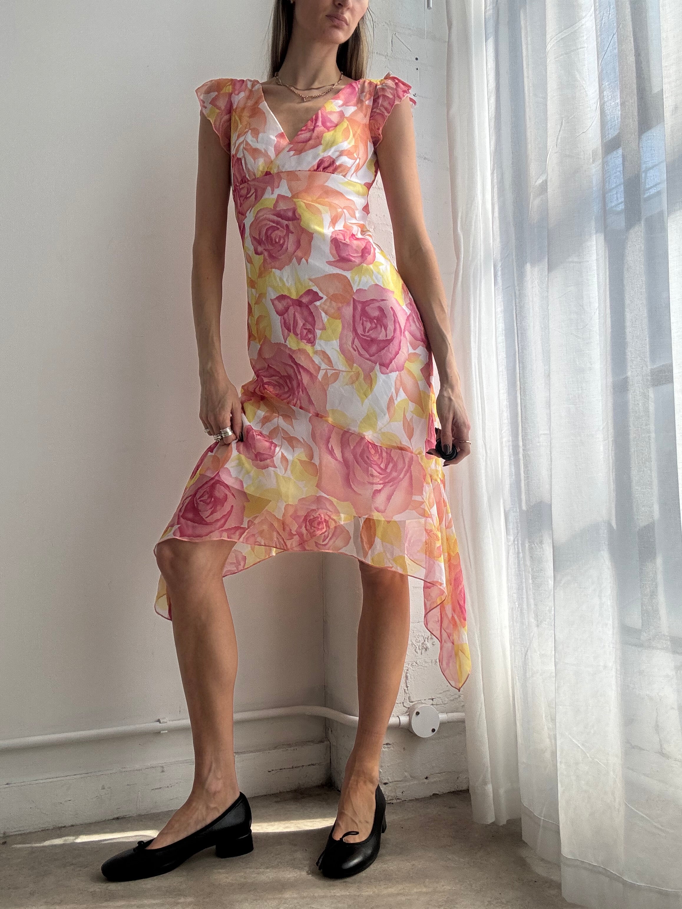 Vintage Y2K pastel floral asymmetrical mesh midi dress - size XS