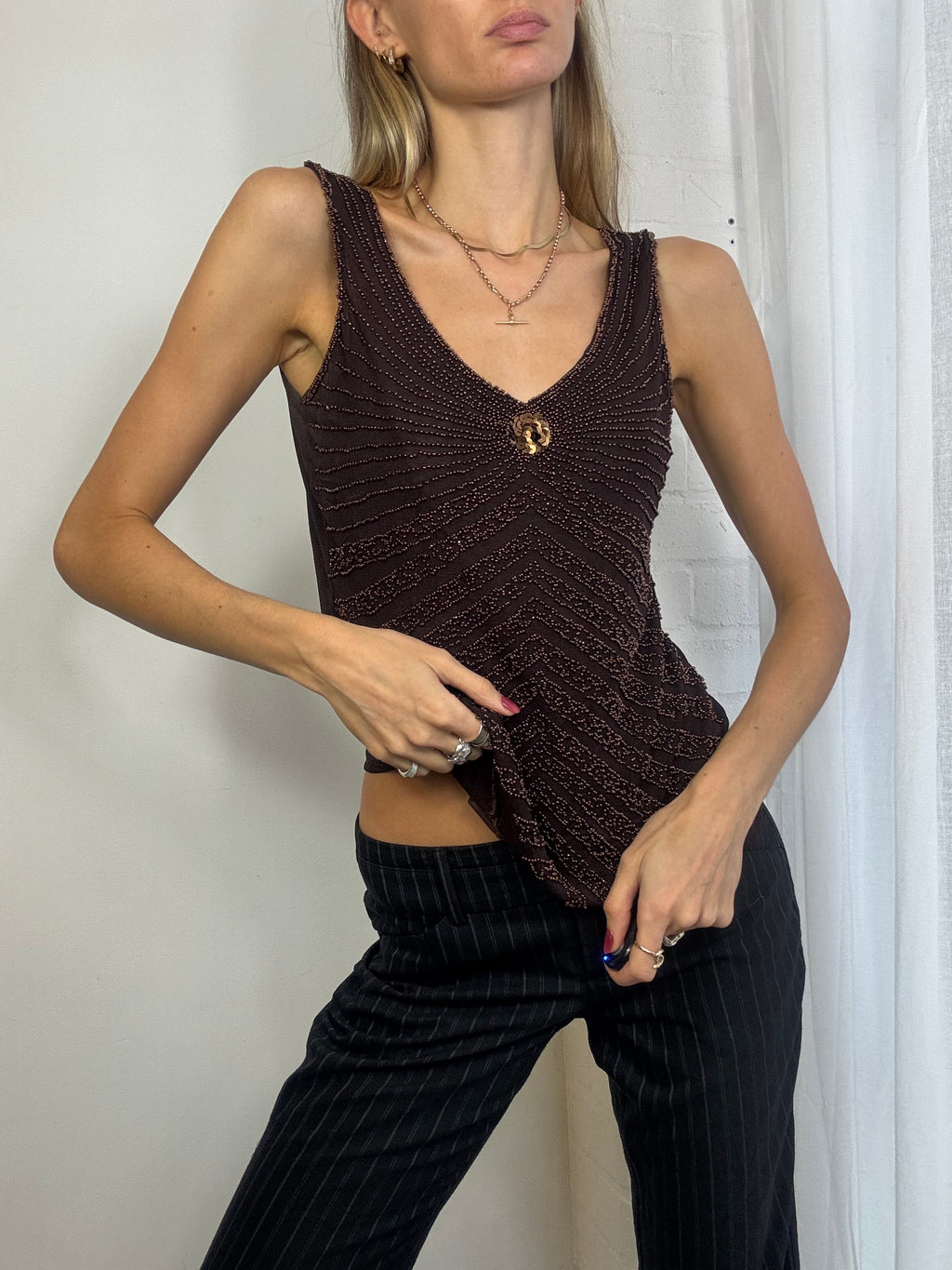 Vintage Y2K brown mesh beaded tank top