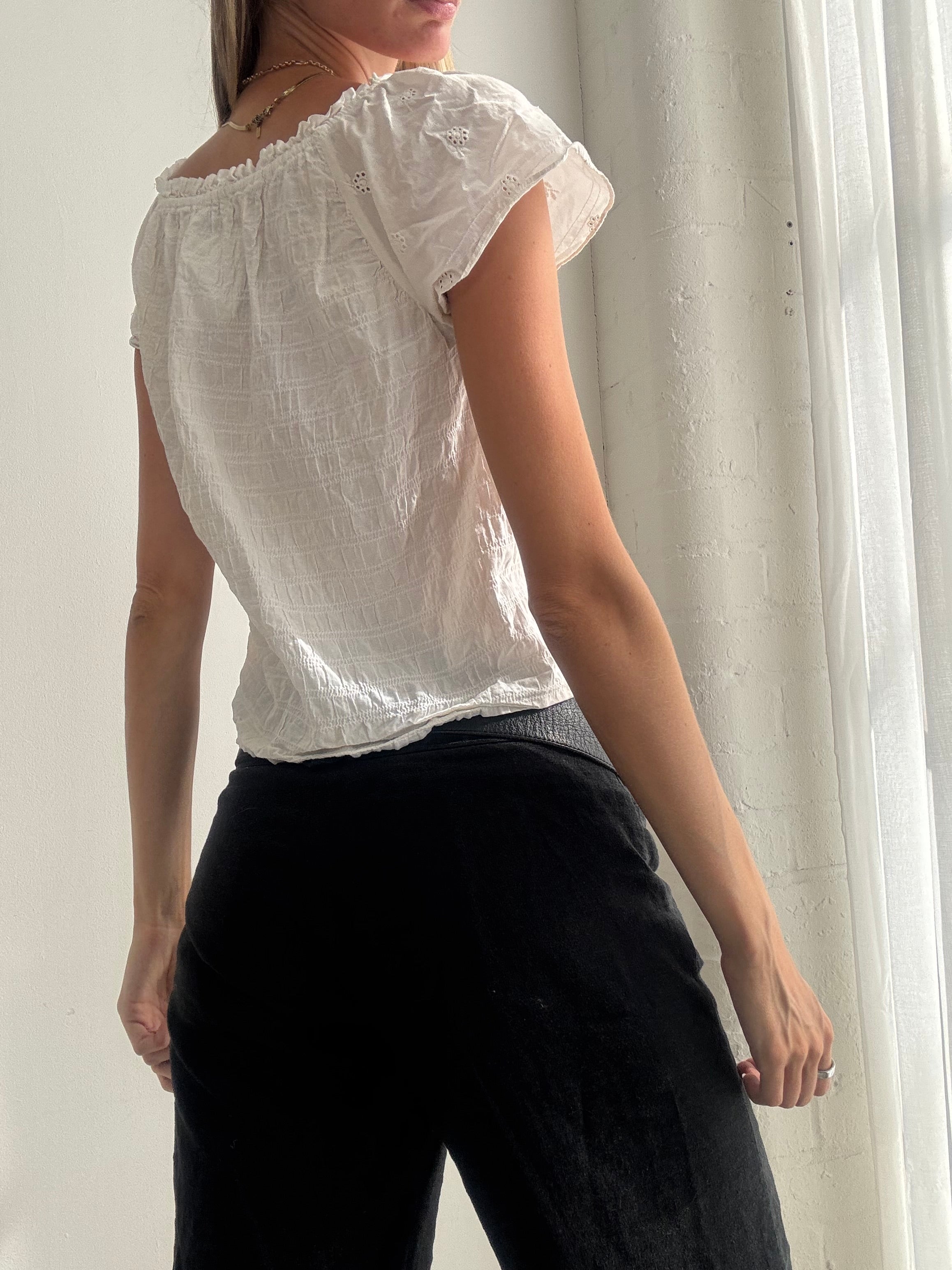 Vintage Y2K White Ruched Romantic Cotton Blouse - Size S
