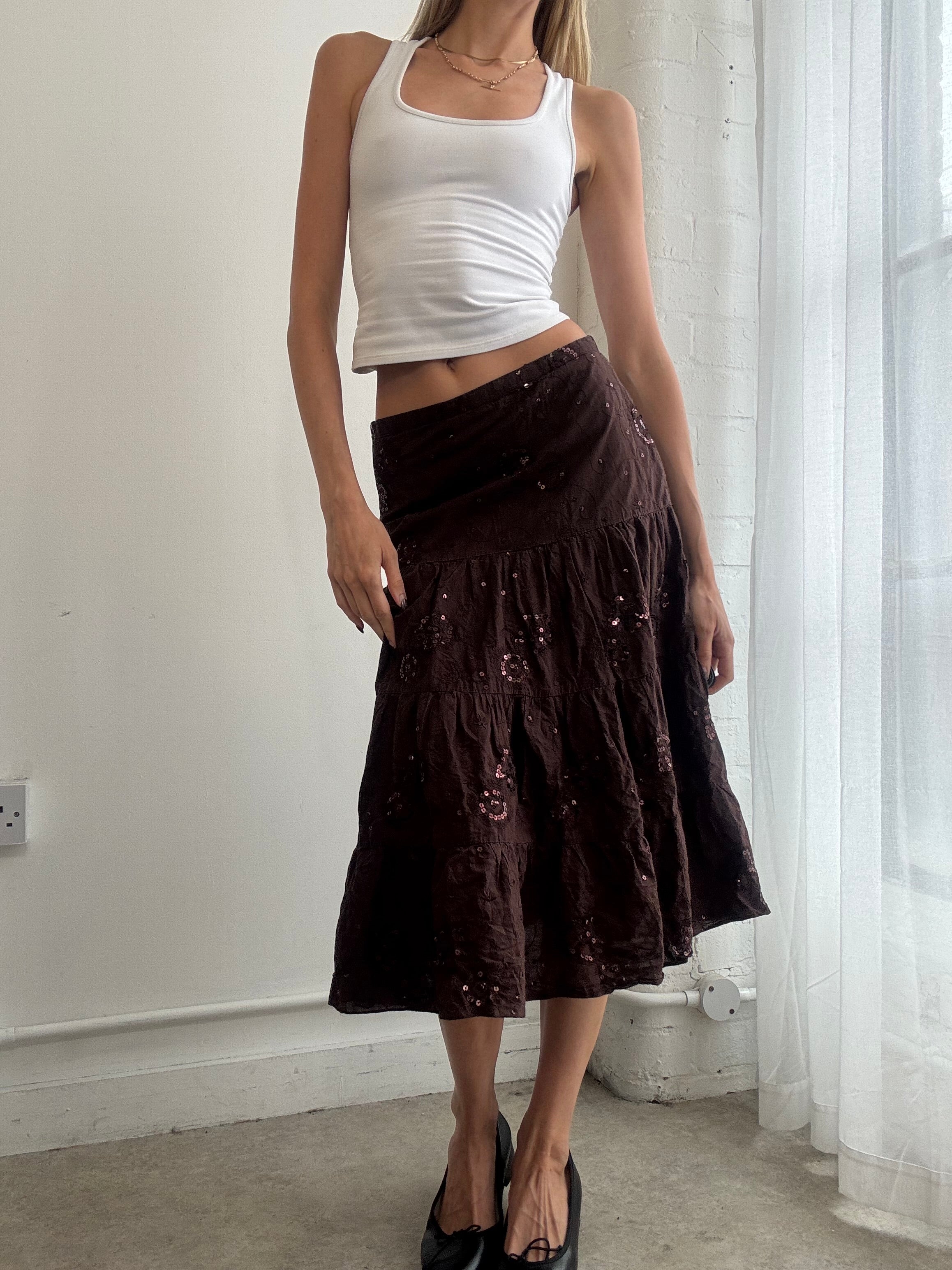Vintage Y2K brown sequin tiered cotton midi skirt - Size XS/S