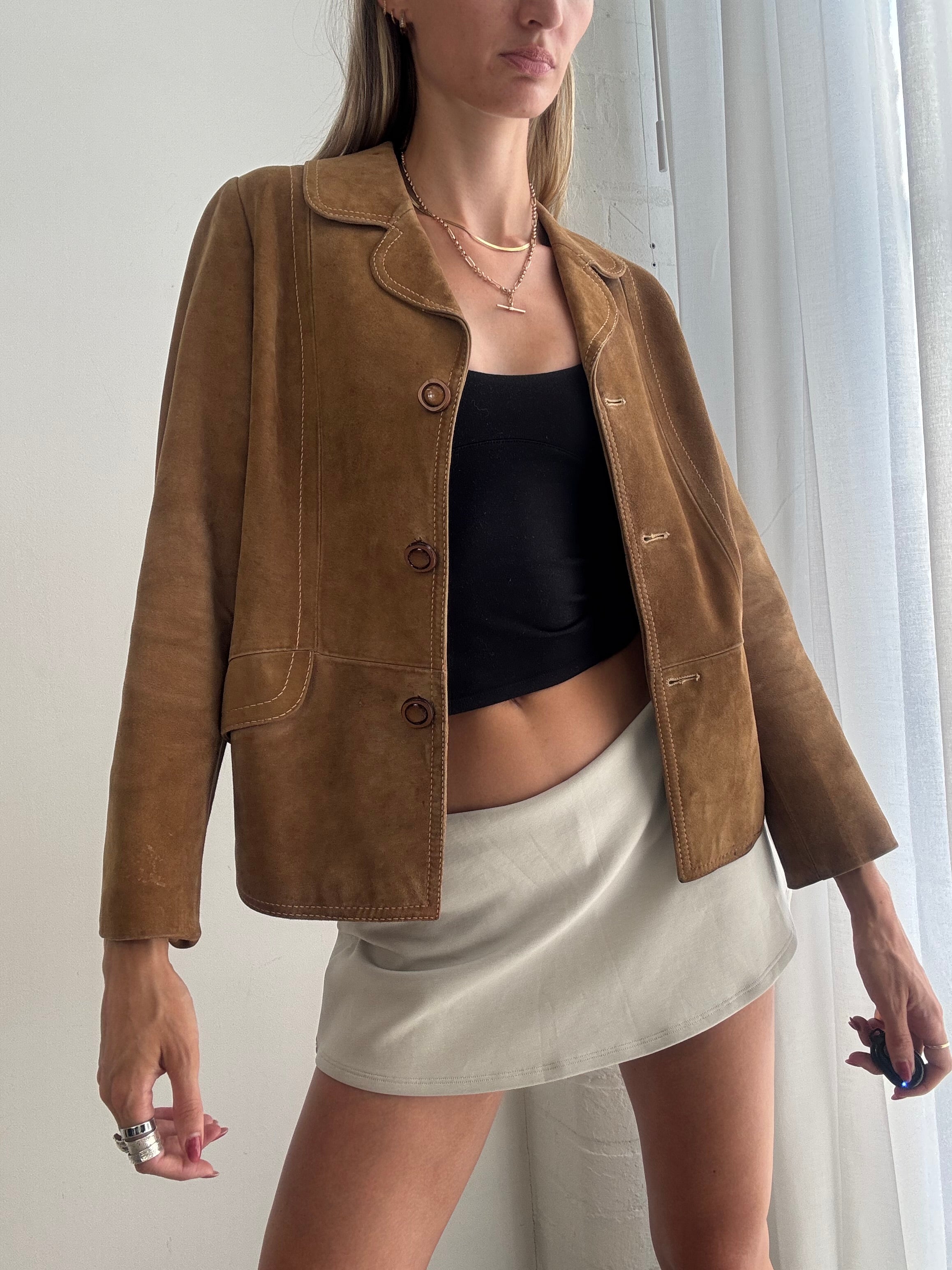 Vintage 90s Tan Suede Leather Blazer Jacket - Size S