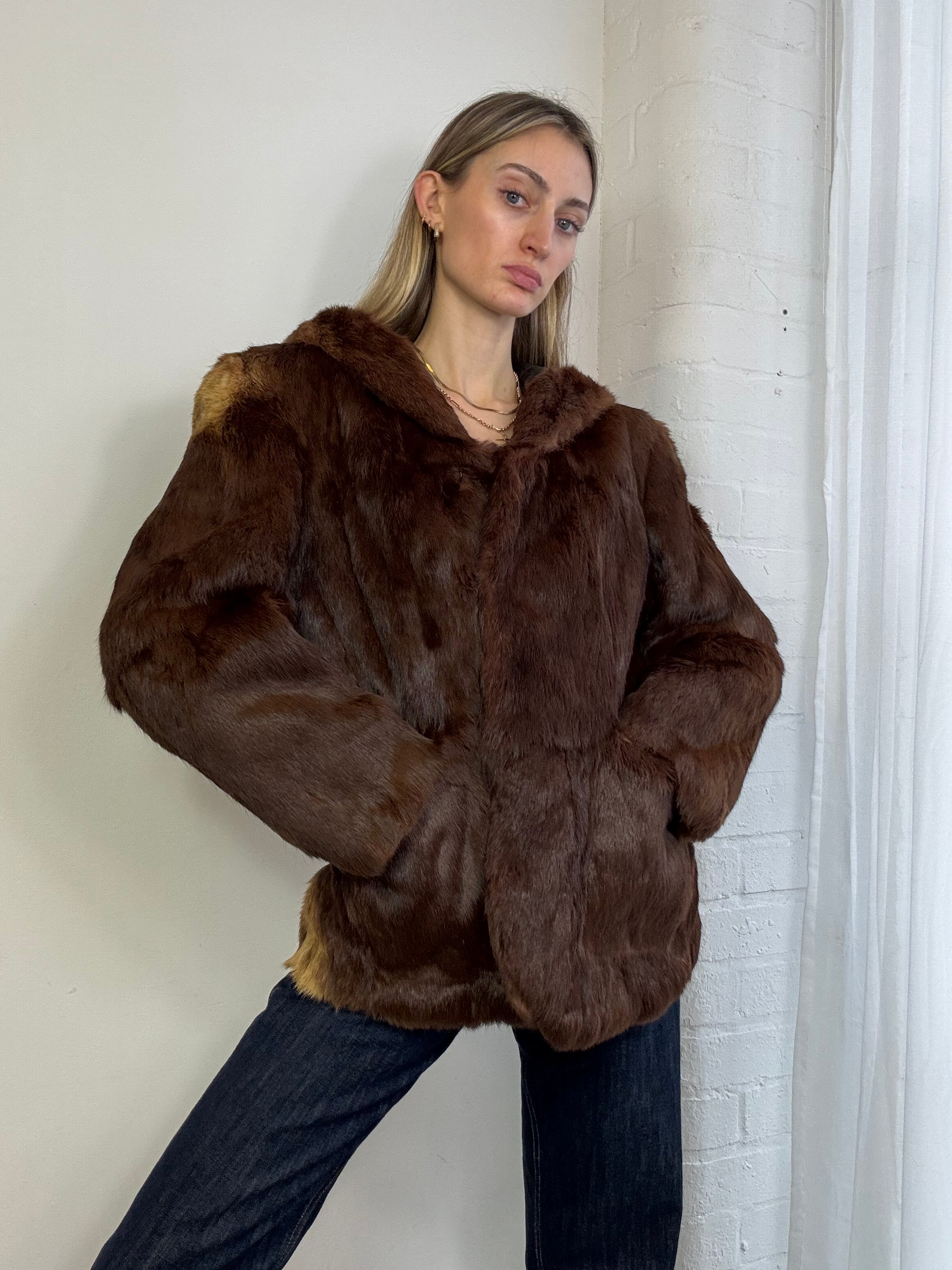 Vintage 90s brown fur hooded coat