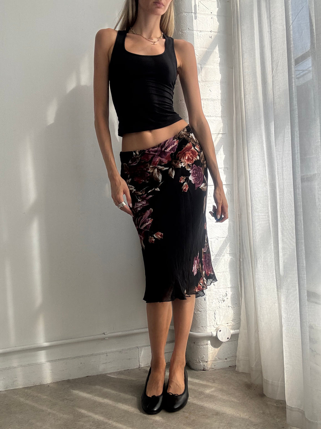 Vintage Y2K Black Floral Mesh Midi Skirt - Size M/L