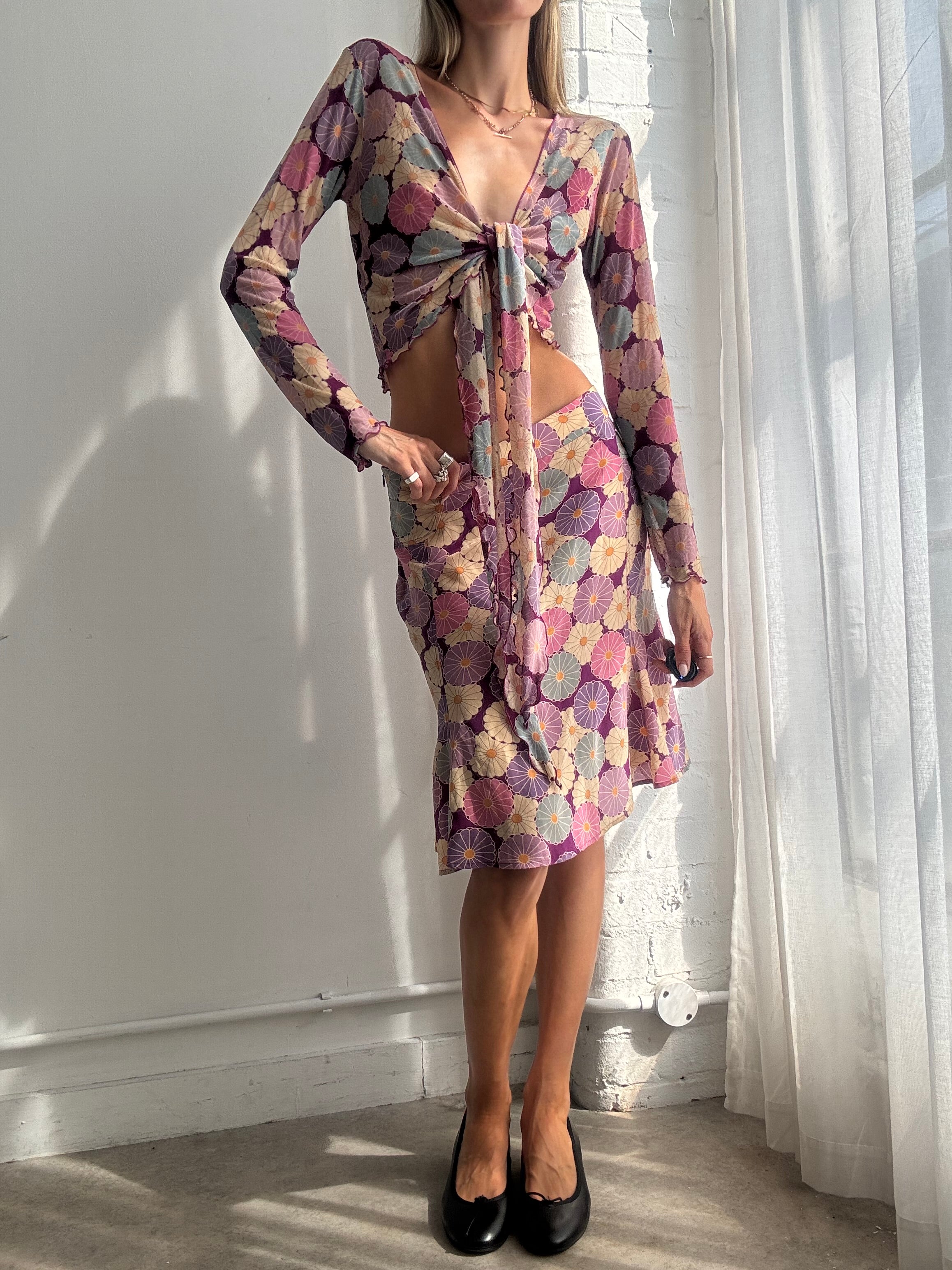 Vintage Y2K Silk Floral Two Piece Skirt & Top Set - Size M