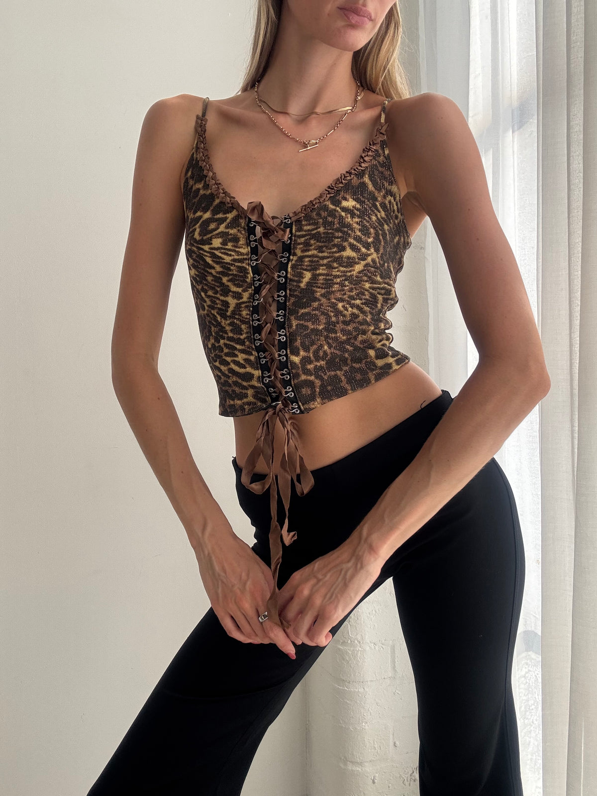 Vintage Y2K Leopard Print Lace Up Corset Cami Top - Size XS