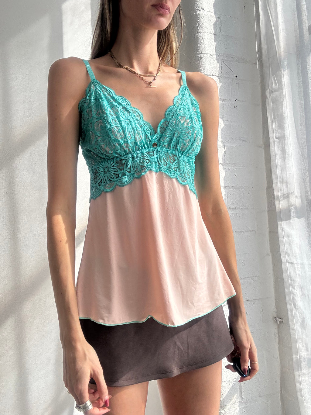 Vintage Y2K pink cami with teal lace trim