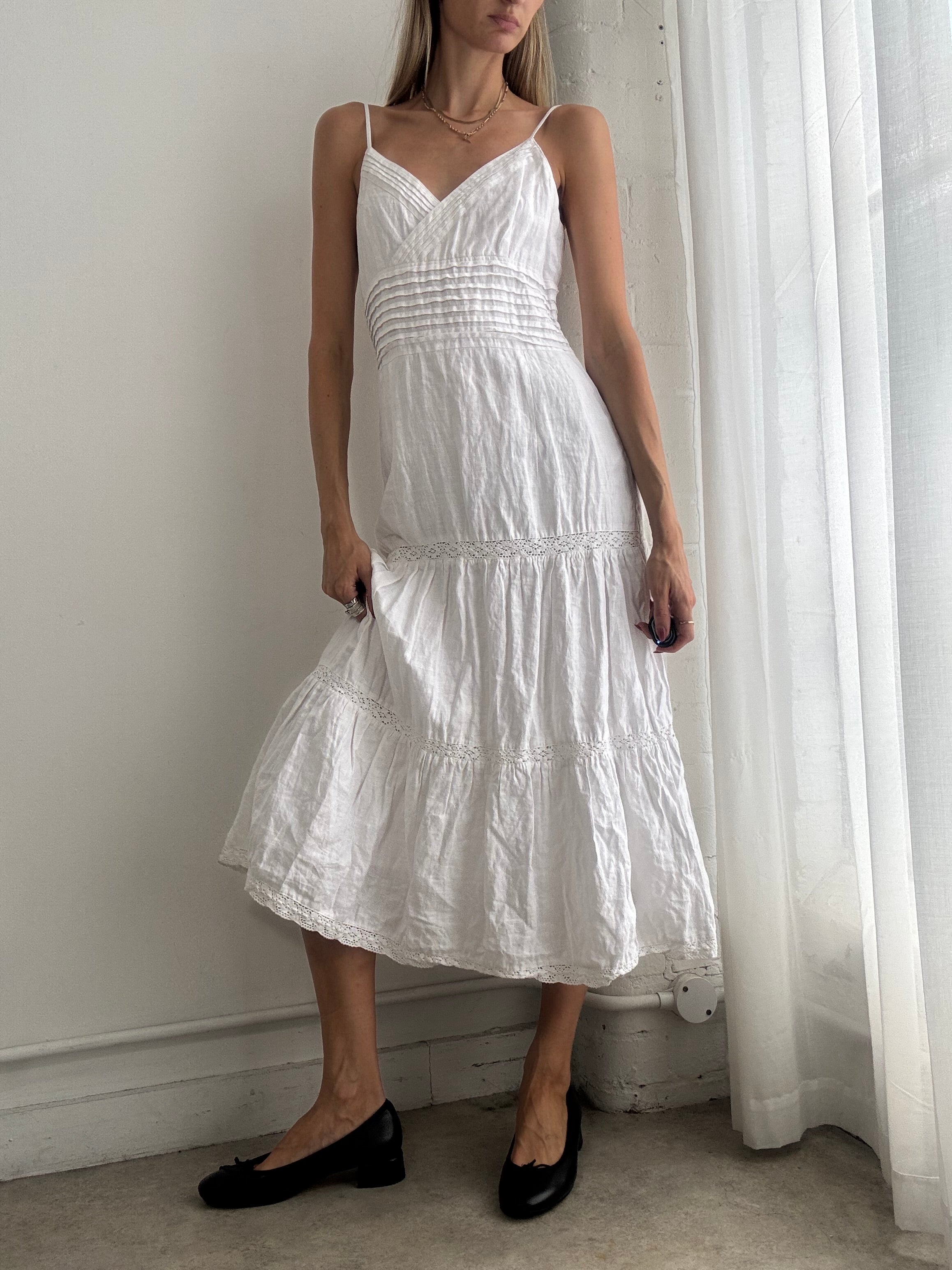 Vintage Y2K White Tiered Cotton Midi Dress - Size S