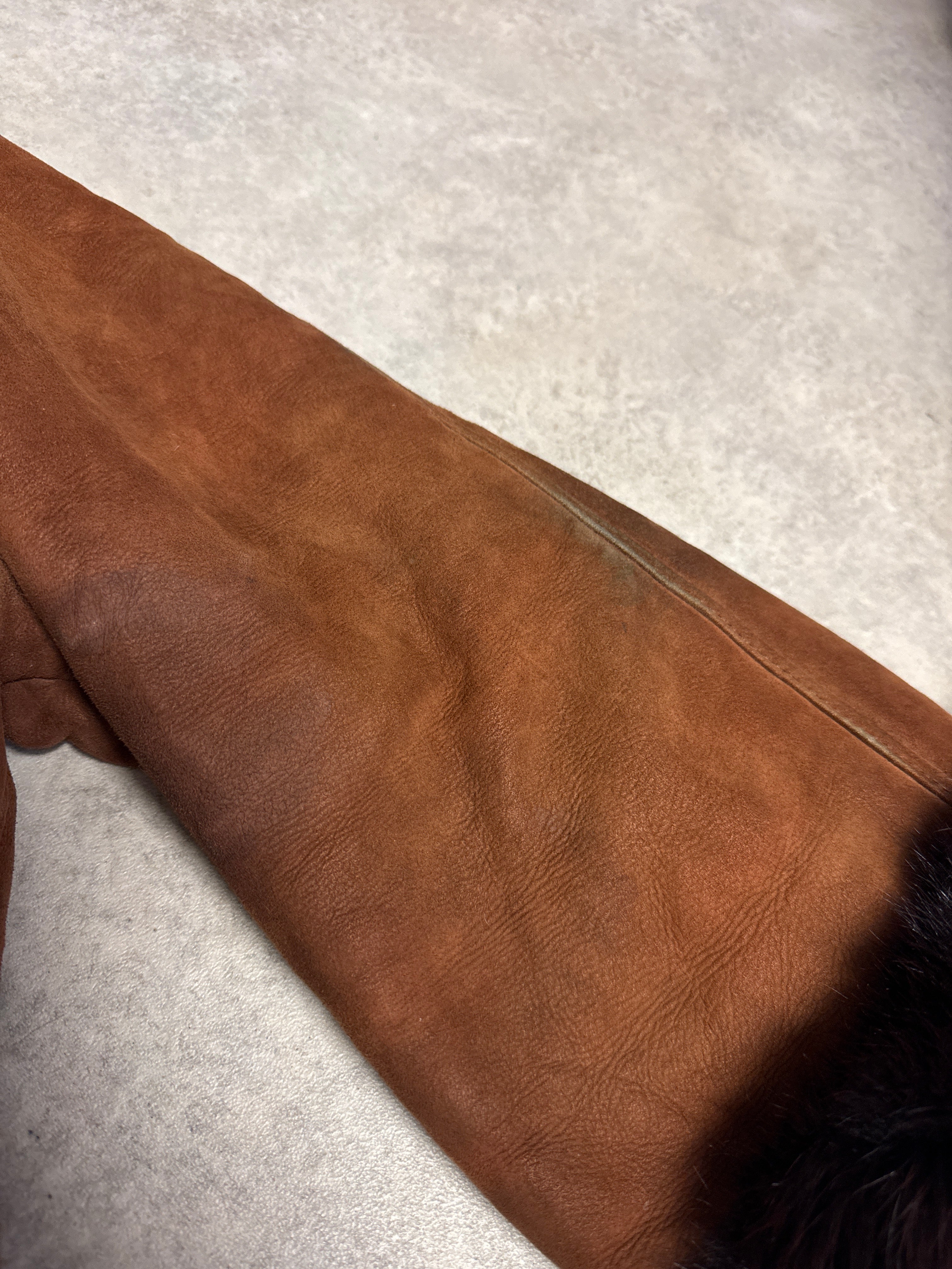 Vintage 90s brown sheepskin suede & fox fur trim coat