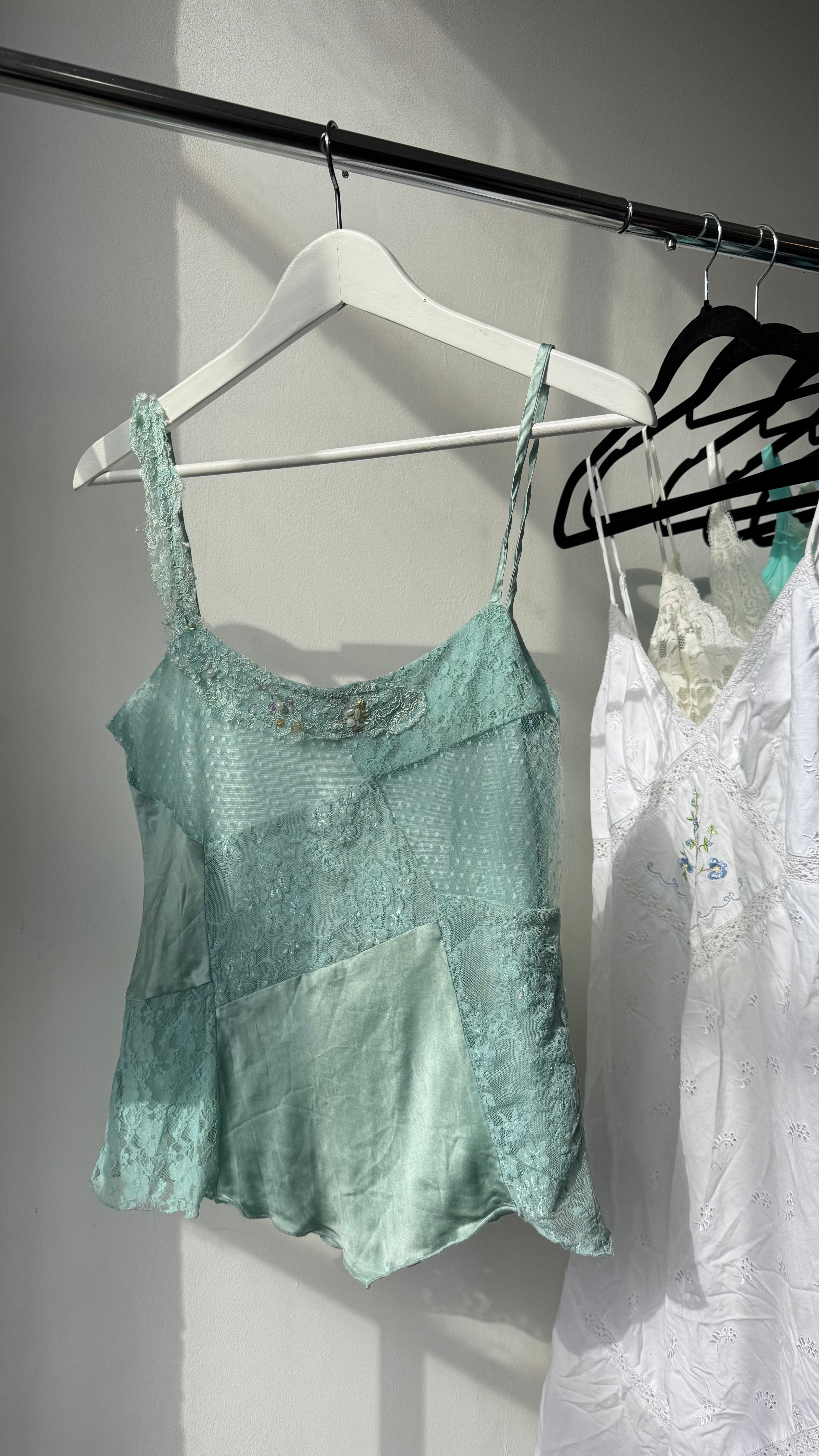 Vintage Y2K teal lace & silk patchwork beaded cami