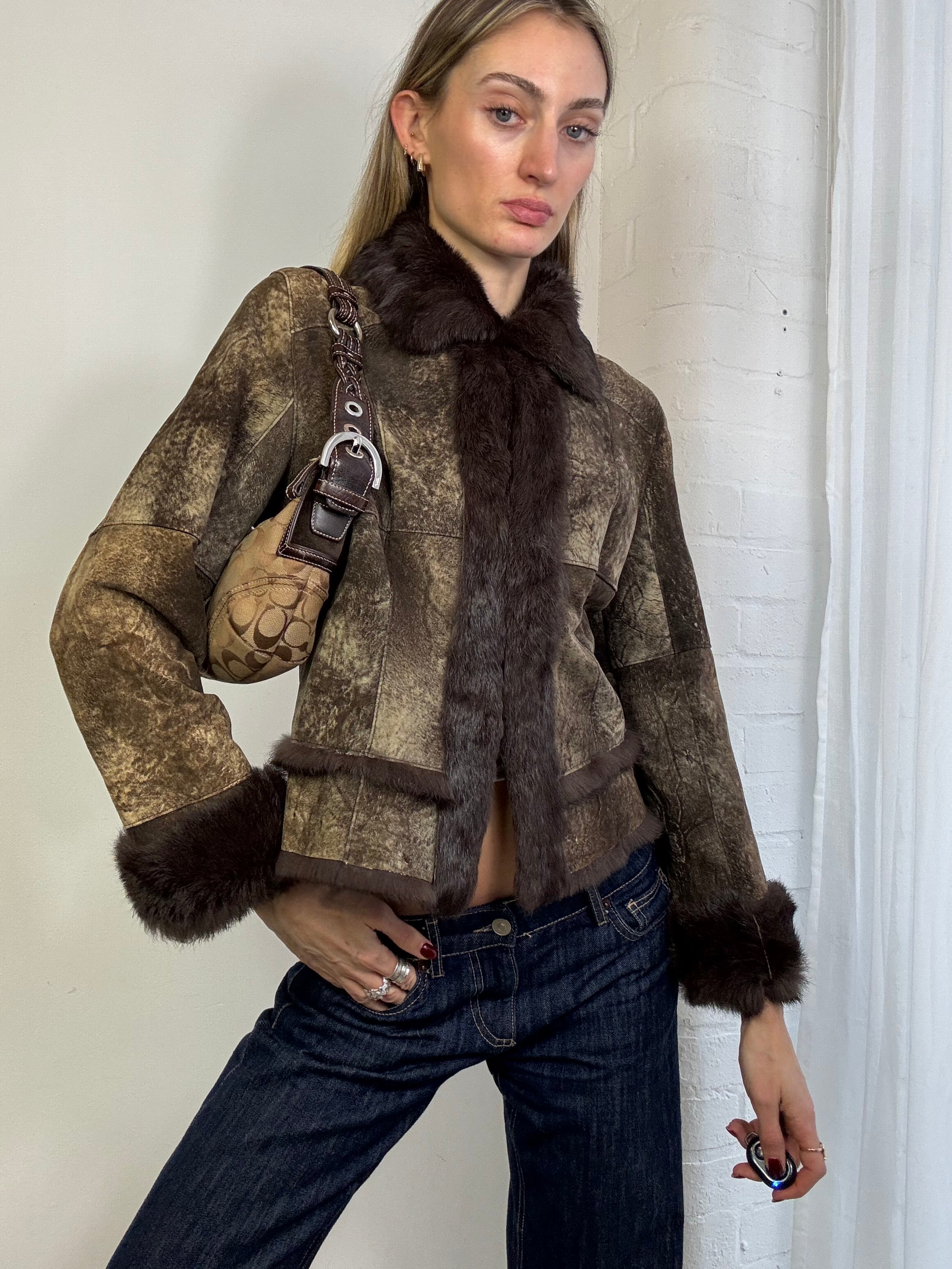 Vintage Y2K genuine suede & fur jacket brown