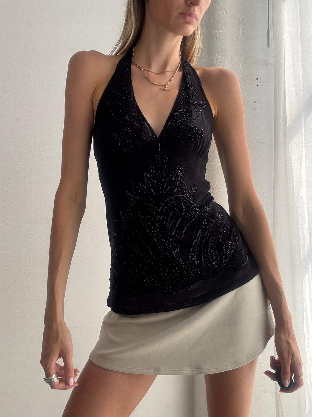 Vintage Y2K Black Beaded Halter Top Fairy Grunge Coquette - Size L