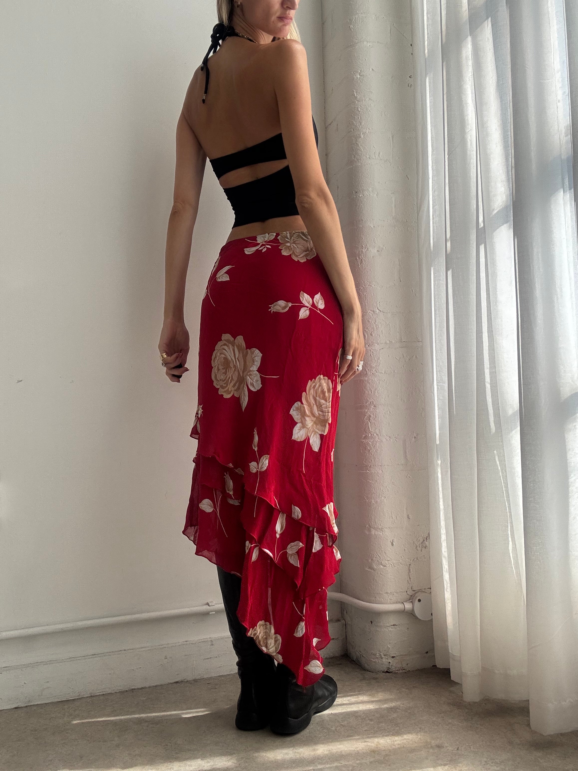 Vintage Y2K Red Floral Asymmetric Midi Skirt - Size XS/S