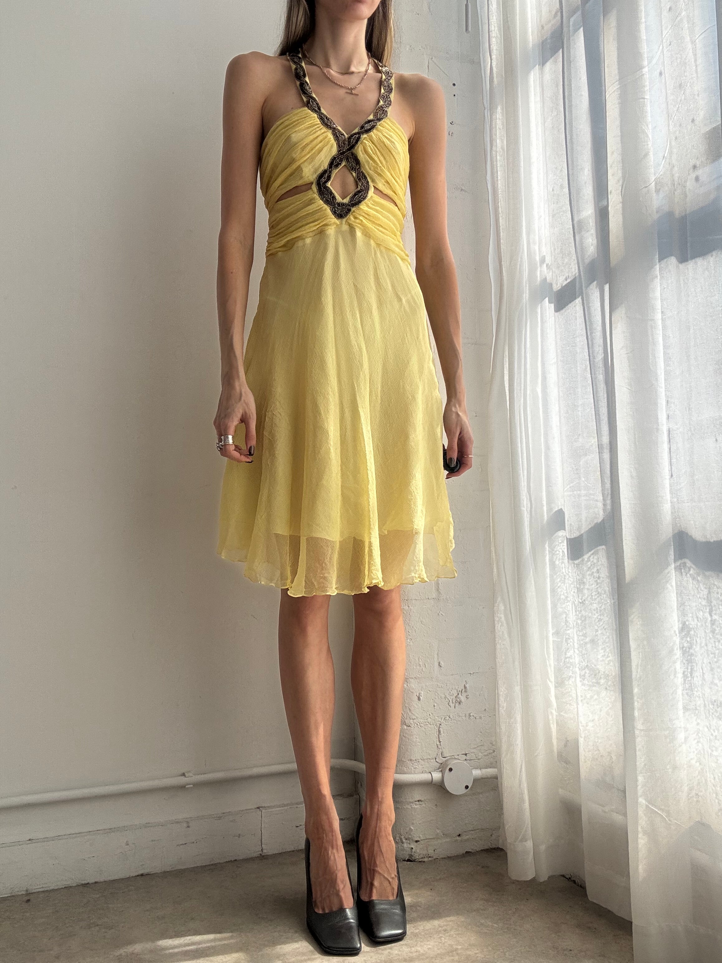 Vintage Y2K lemon yellow silk embellished midi dress - Size M