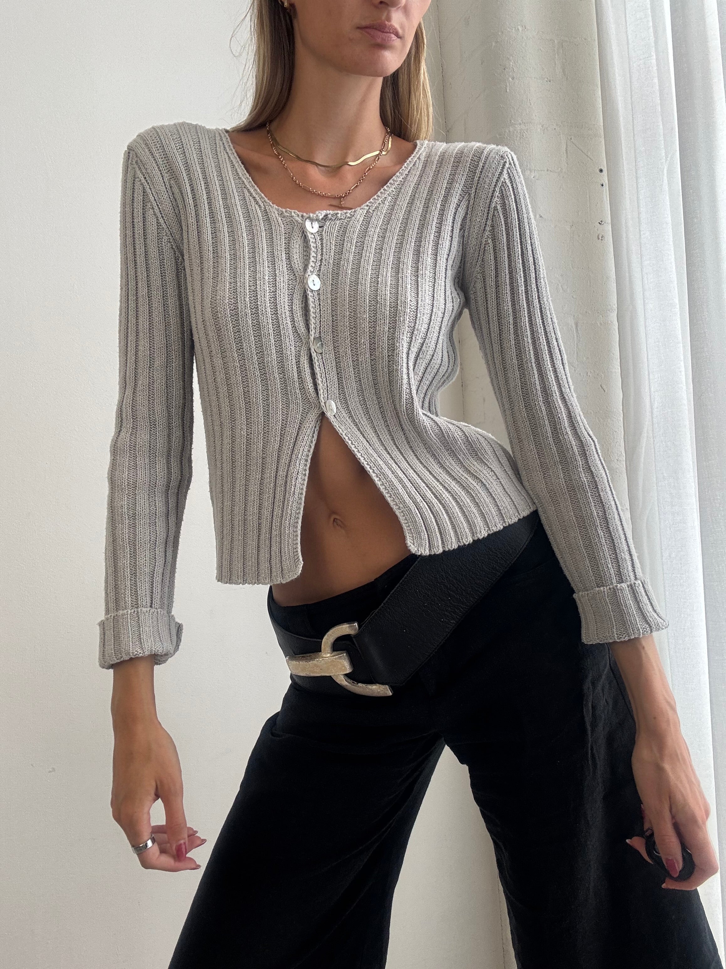 Vintage Y2K Silver Grey Ribbed Button-Up Cardigan - Size S/M