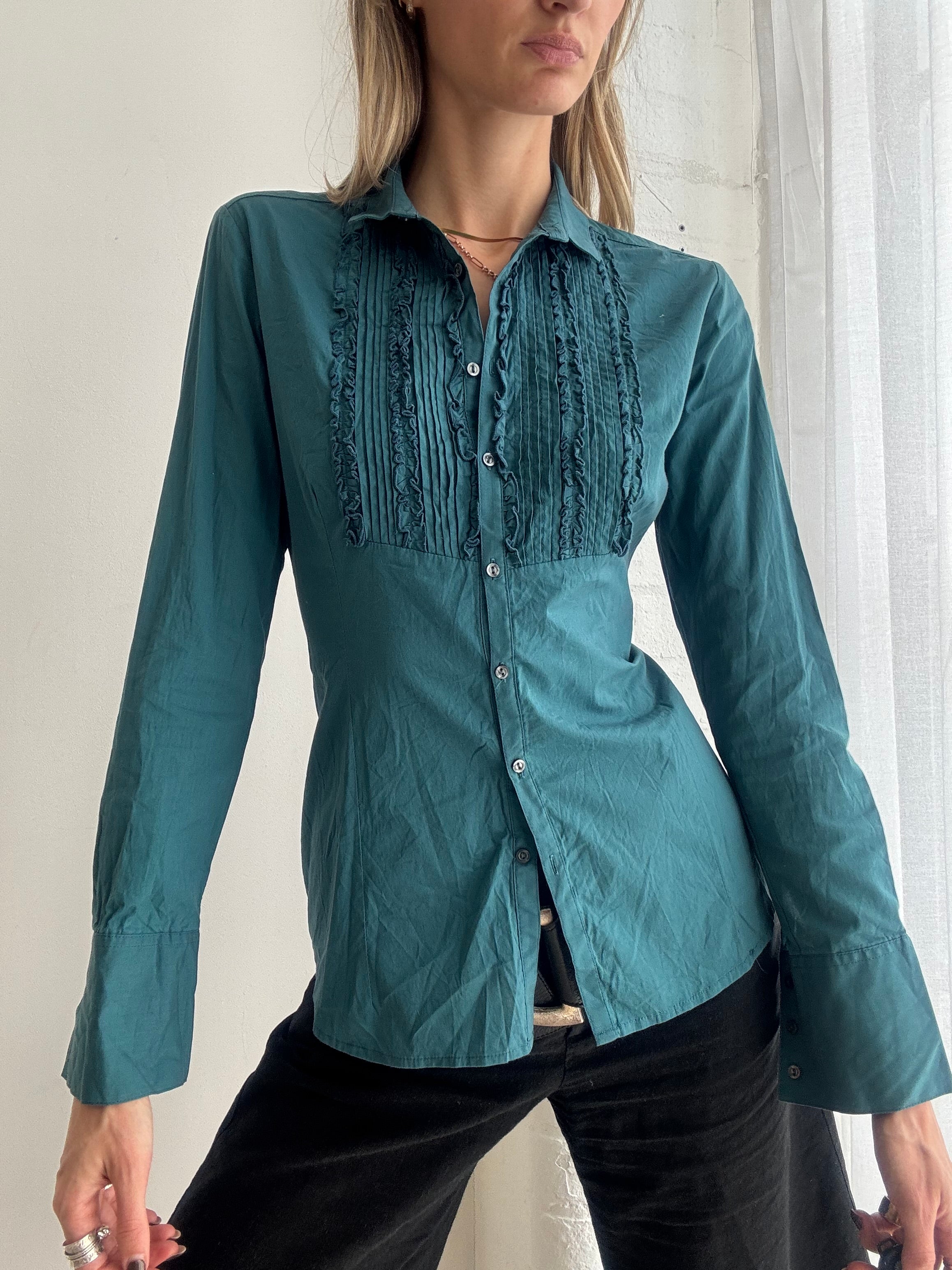 Vintage teal ruffle detail fitted blouse - Size S