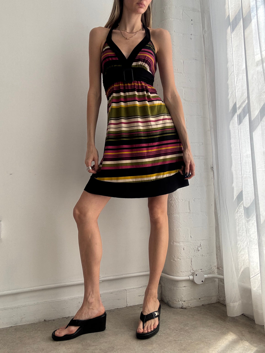Vintage y2k striped halter mini dress - Size S