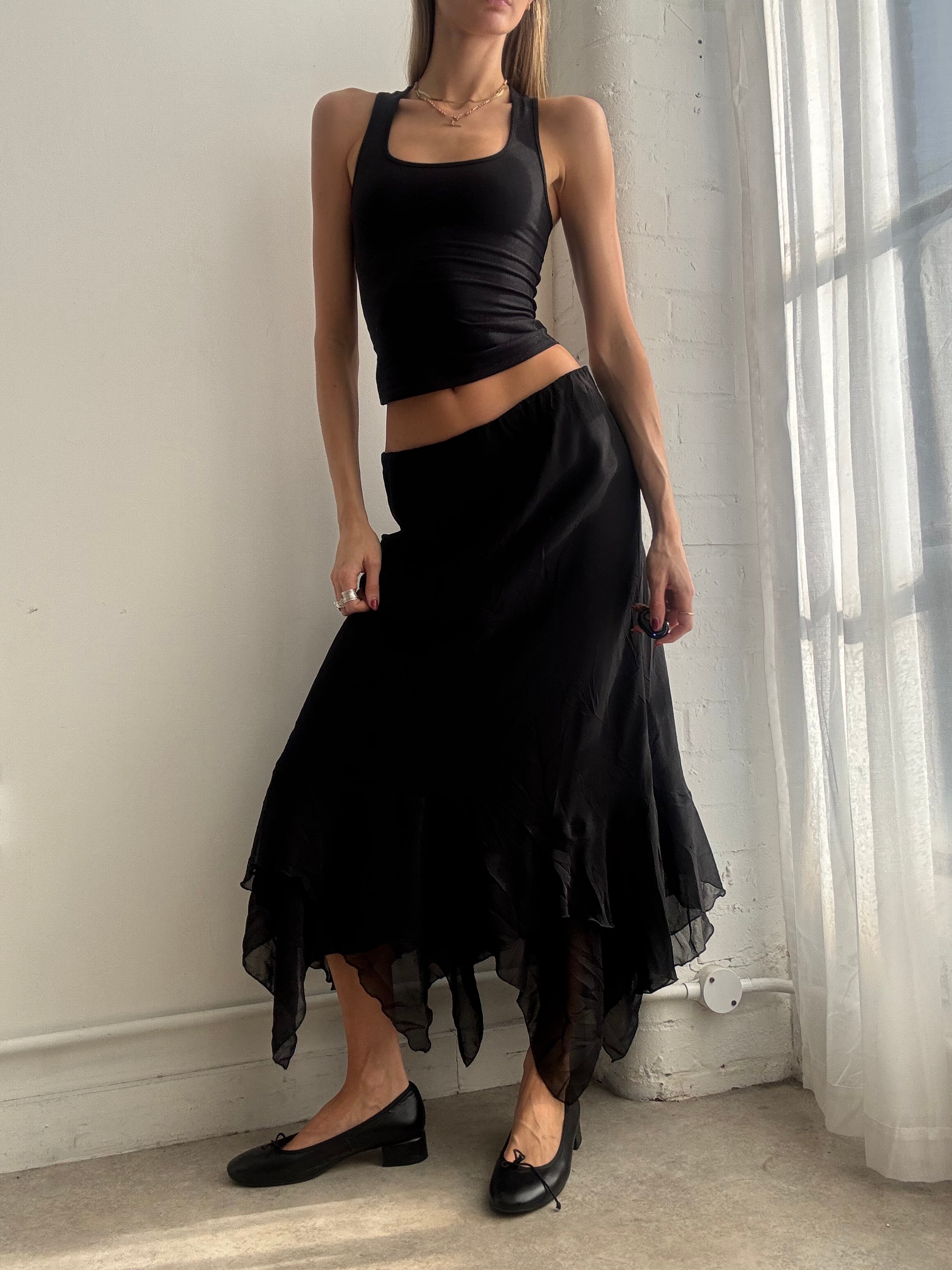 Vintage Y2K black mesh asymmetric maxi skirt