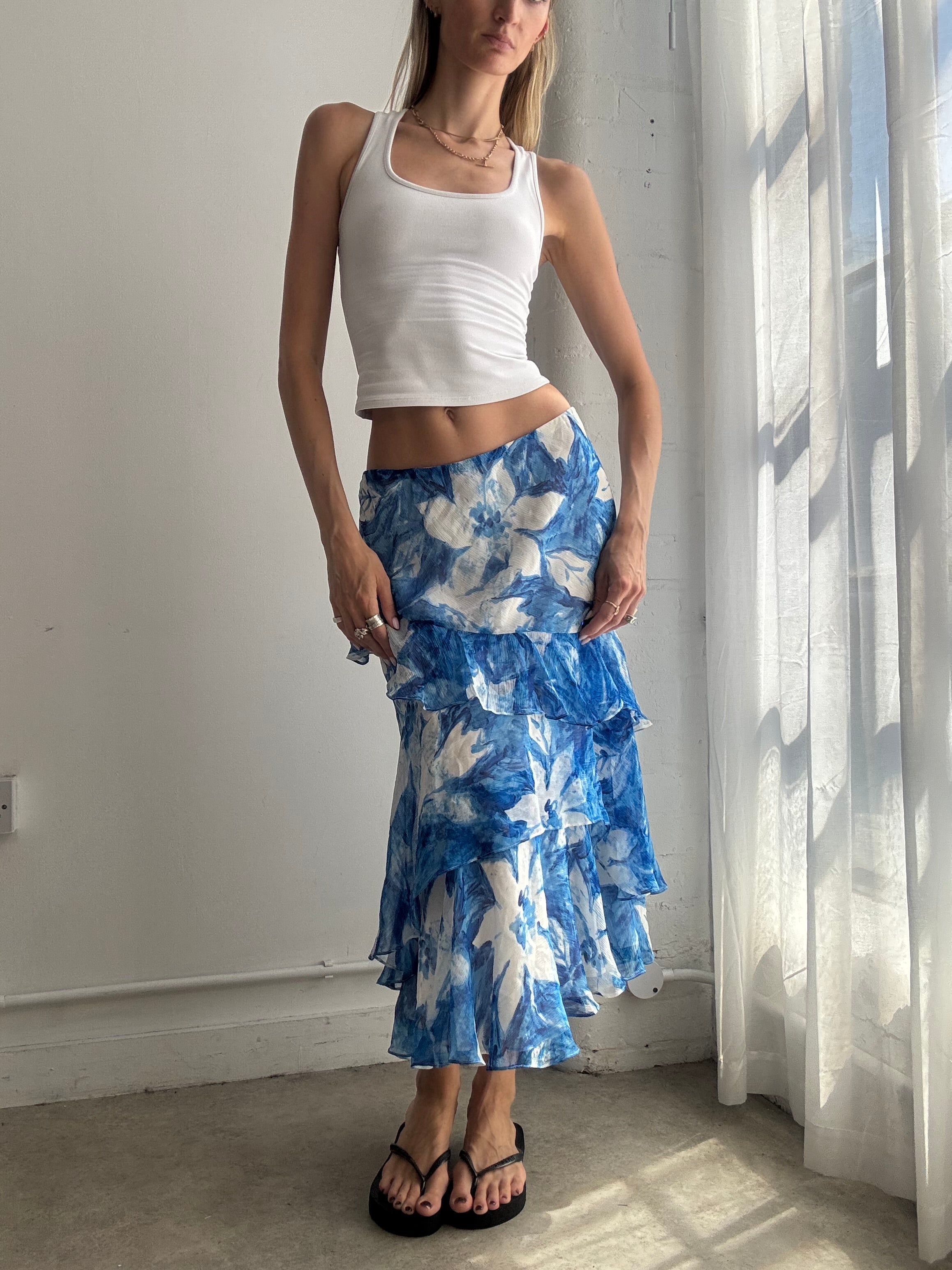 Vintage Ralph Lauren 100% Silk Blue Tropical Floral Ruffle Maxi Skirt Y2K - Size L