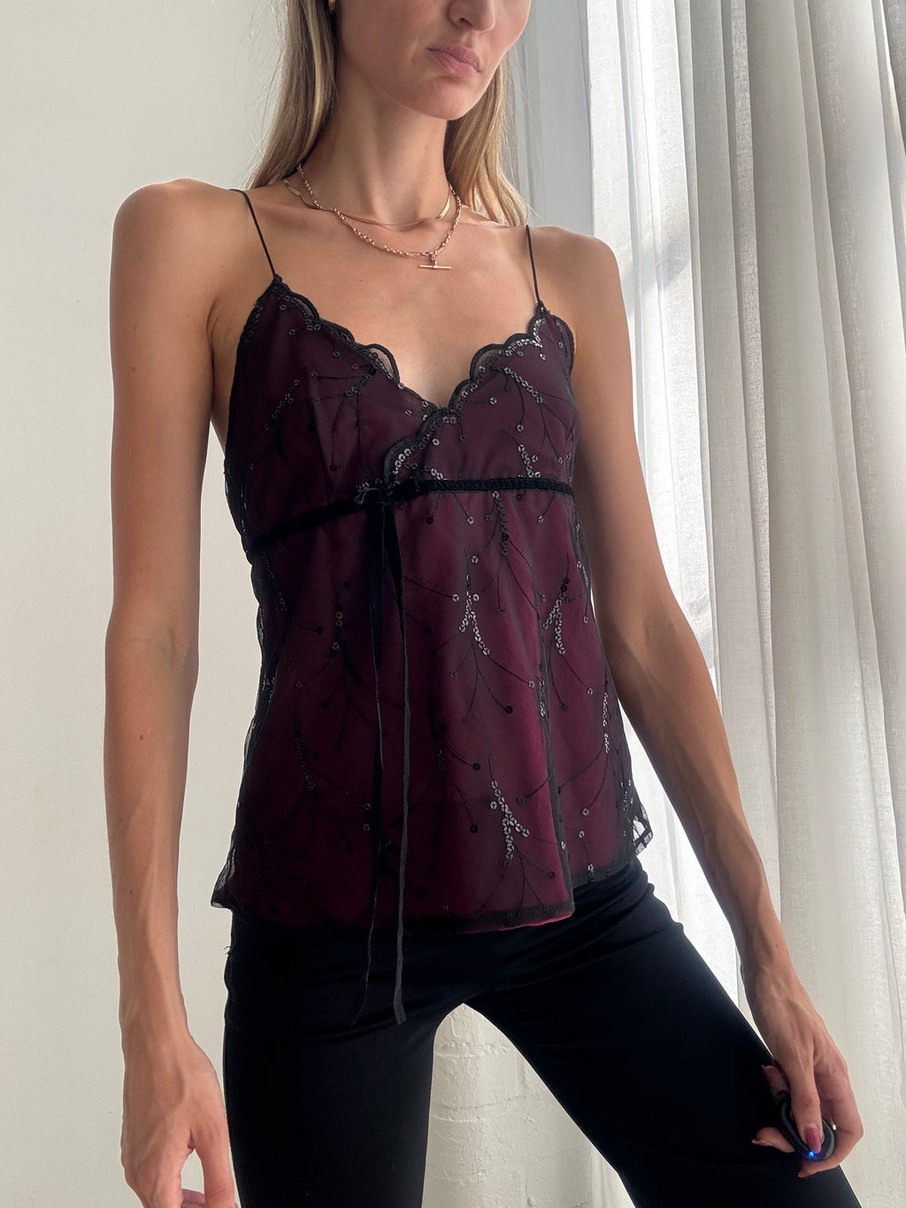 Vintage Y2K Burgundy Sheer Lace Sequin Cami Top - Size L