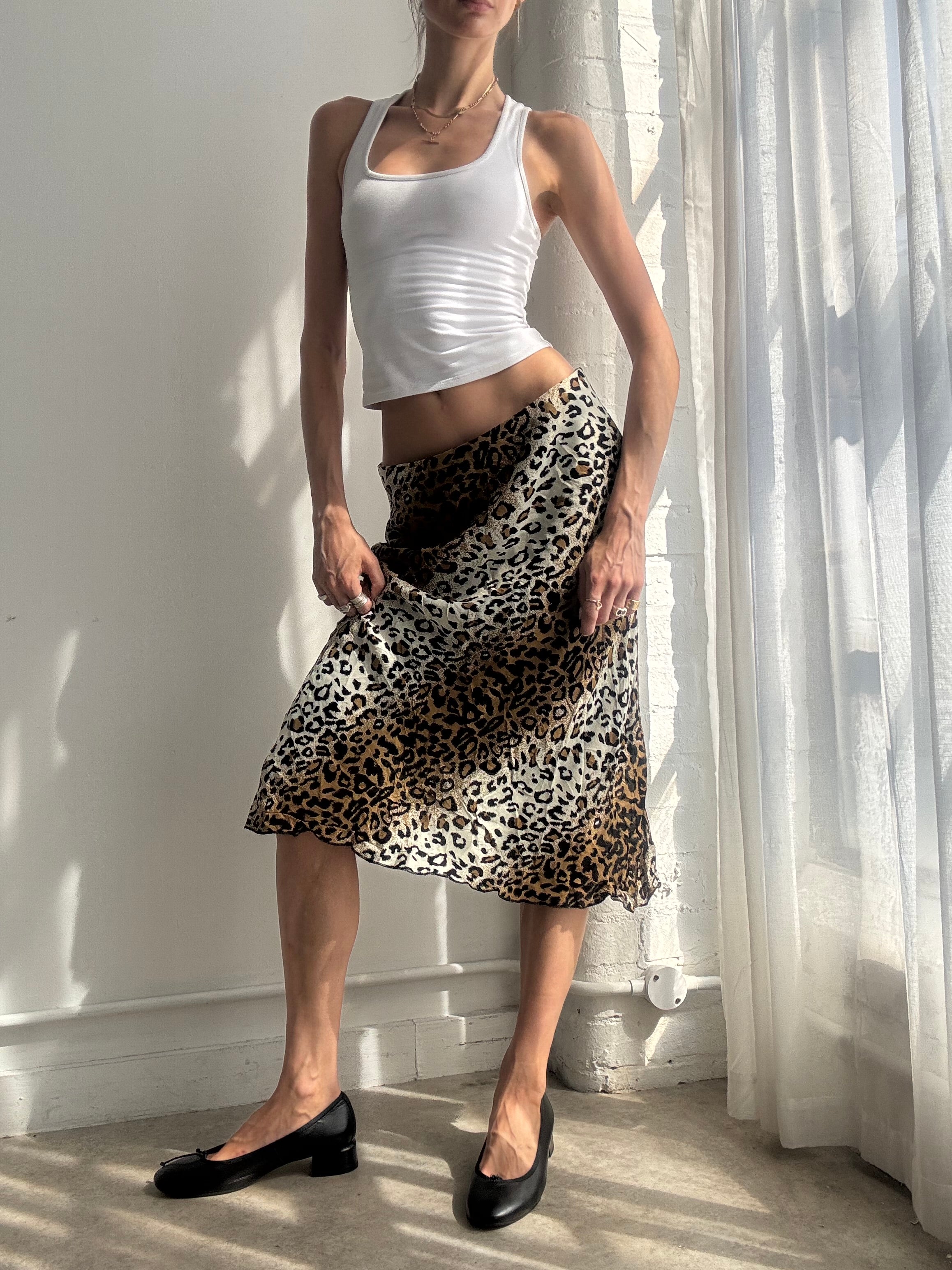 Vintage Y2K Leopard Print Silk Midi Skirt - Size S