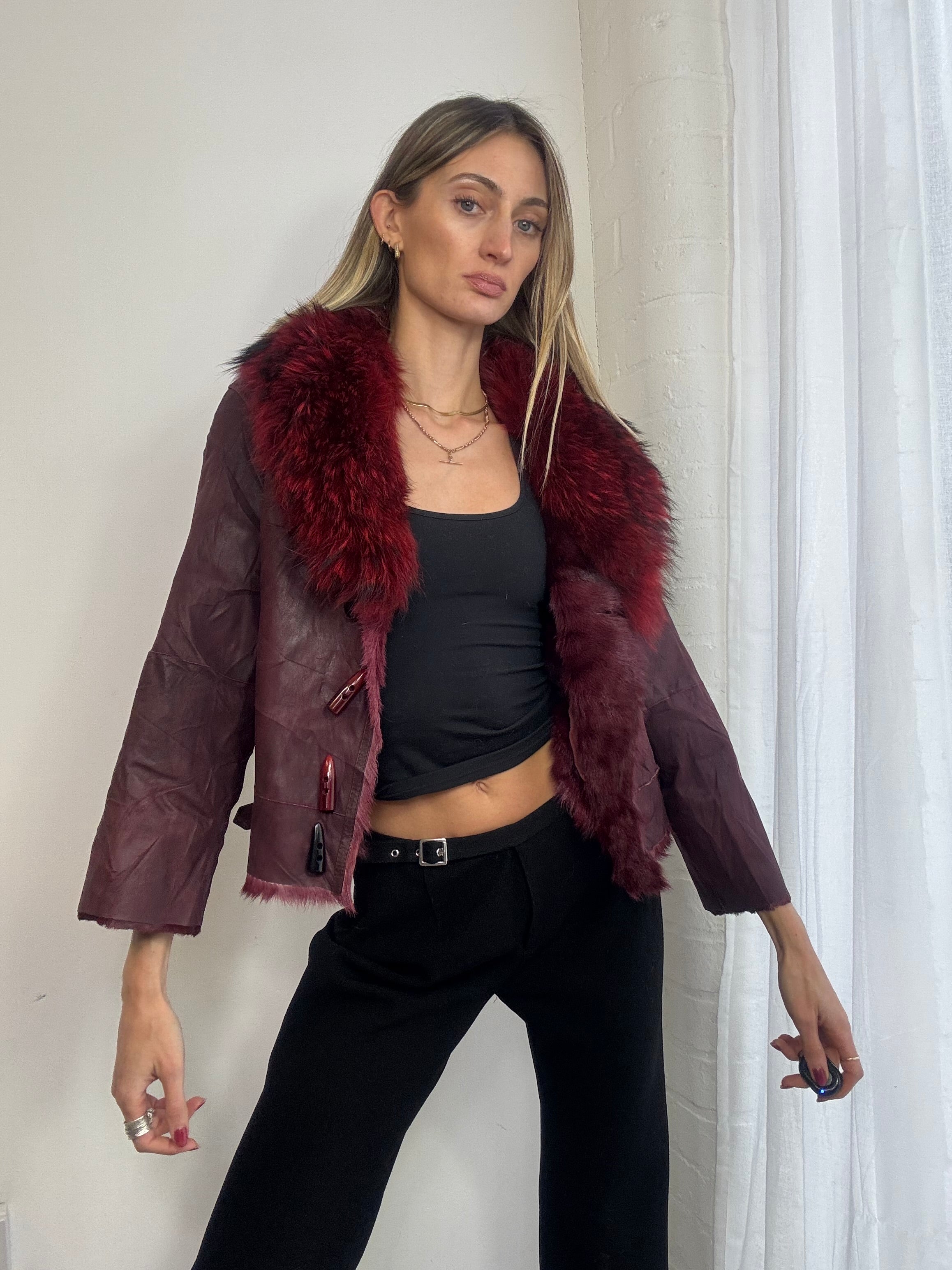 Vintage Y2K distressed red leather jacket with genuine fur trim