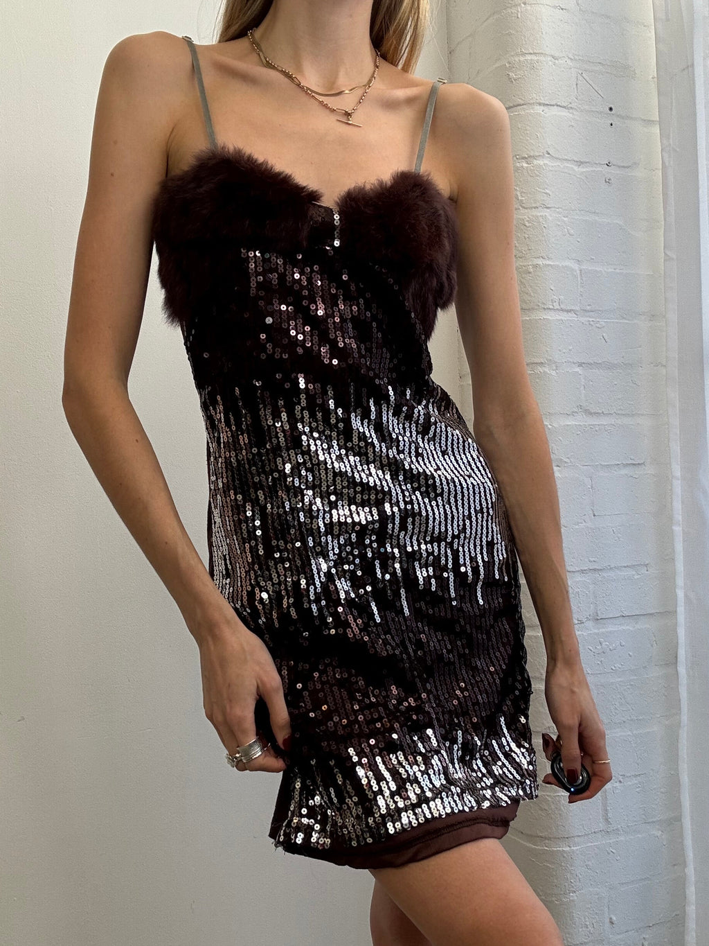 Vintage Y2K sequin mini dress with fur trim
