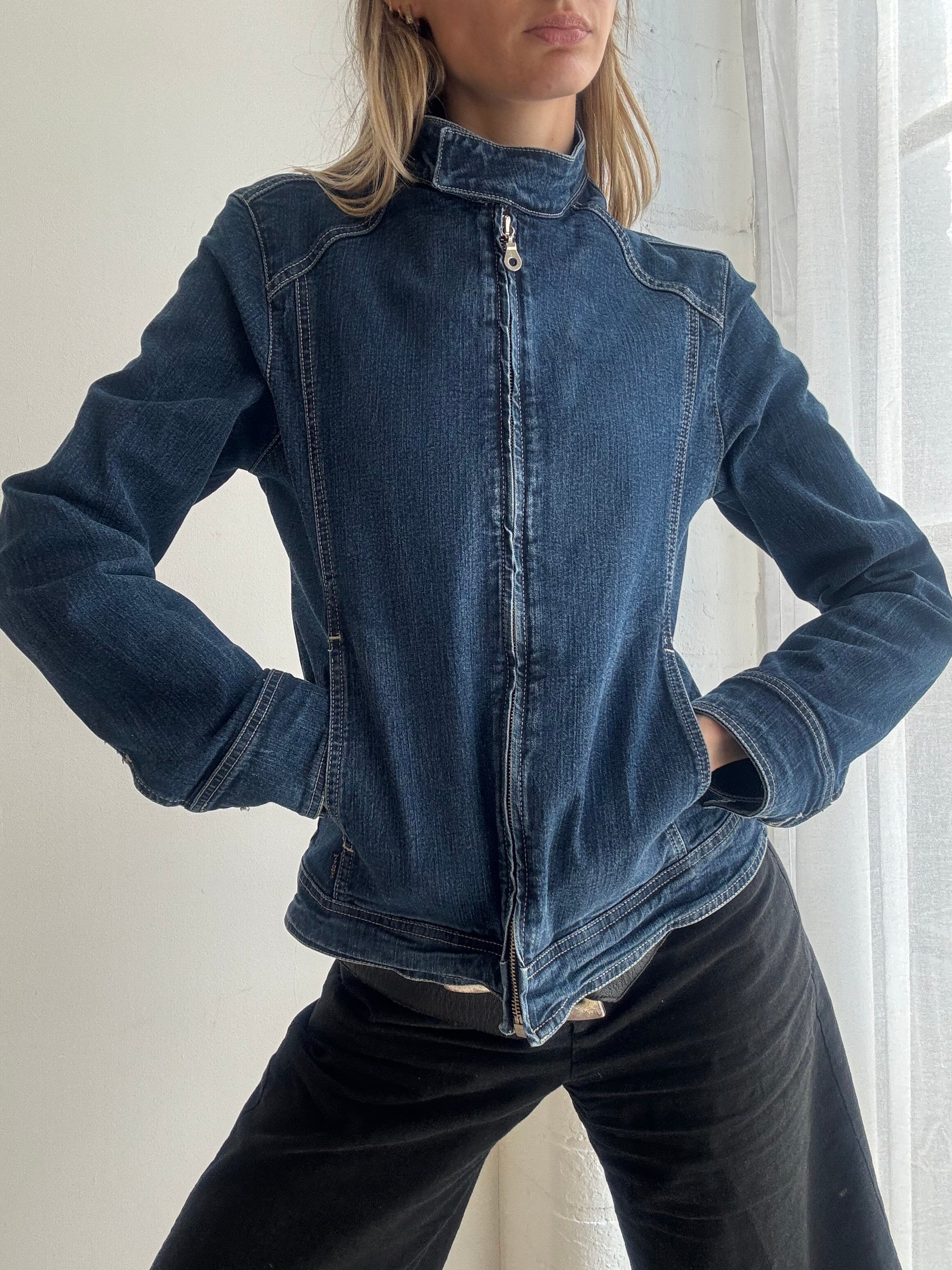 Vintage y2k fitted zip-up denim biker jacket - Size S