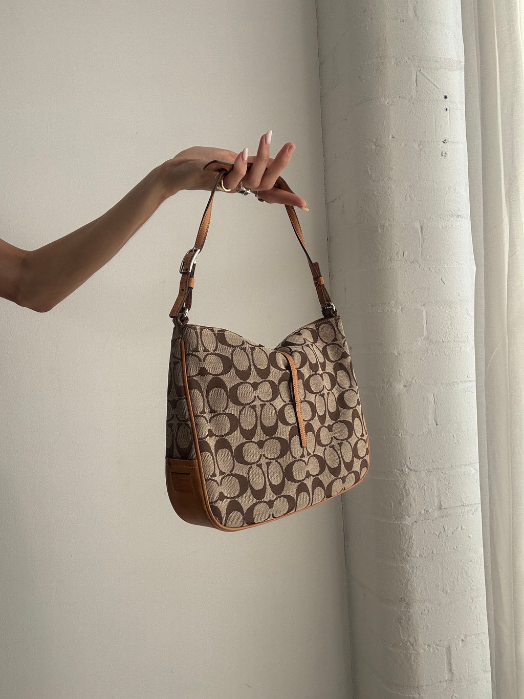 Vintage Y2K Coach Signature Shoulder Bag – Brown Monogram Canvas & Tan Leather