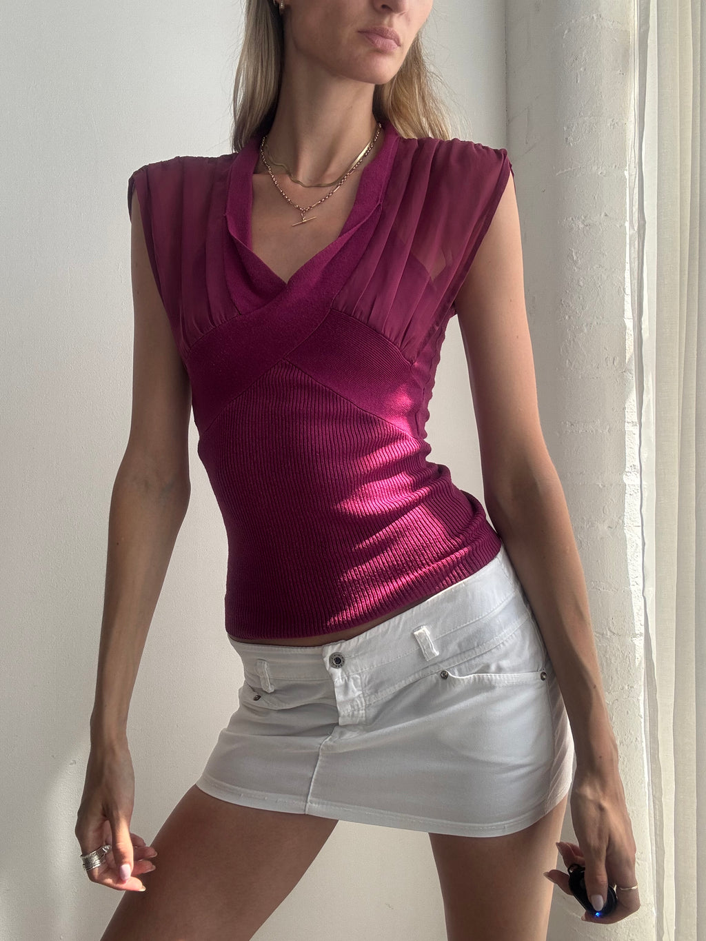 Vintage Y2K Fuchsia Wrap Neck Sleeveless Mesh Top - Size S