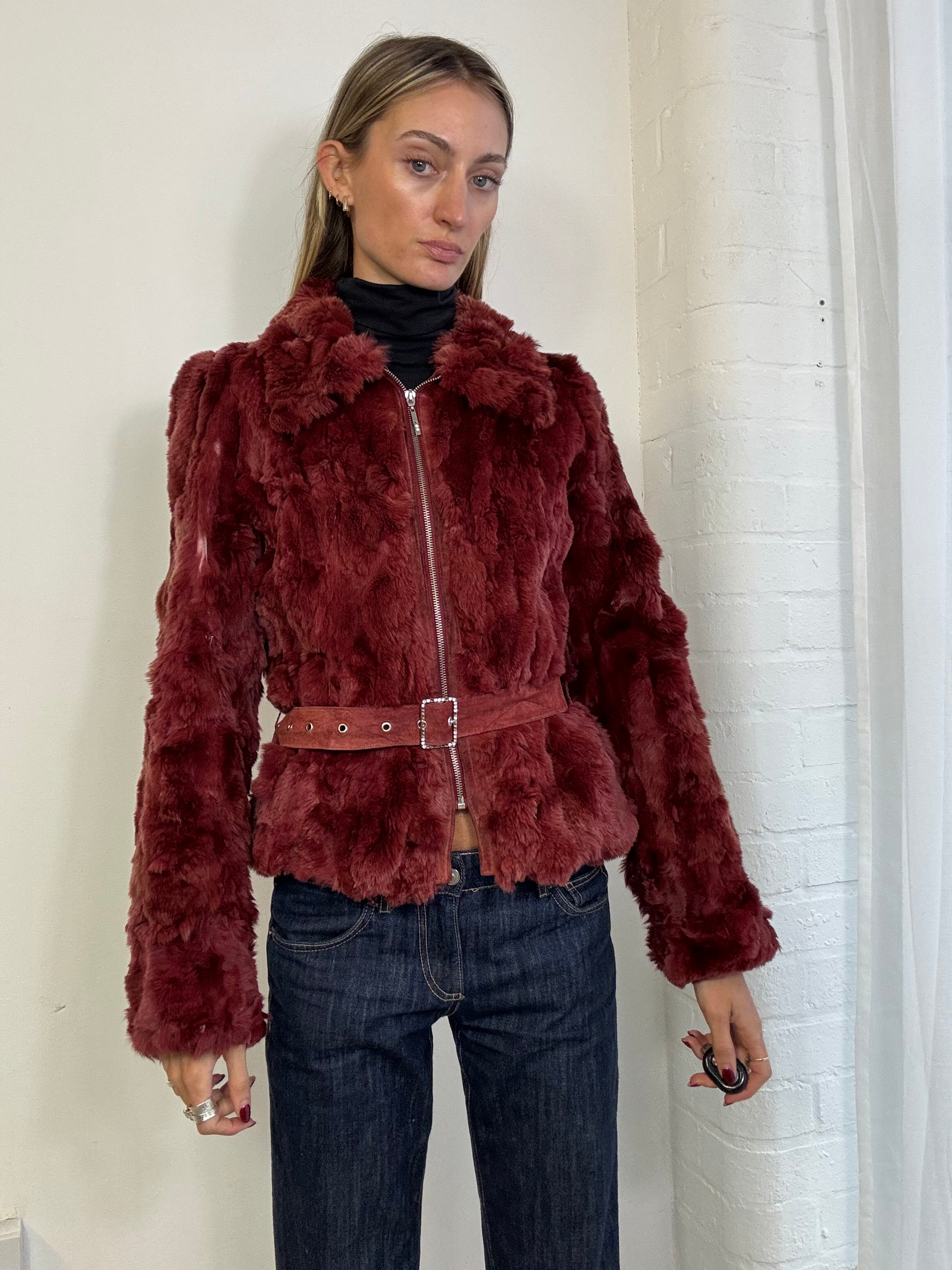 Vintage Y2K burgundy genuine fur zip up jacket