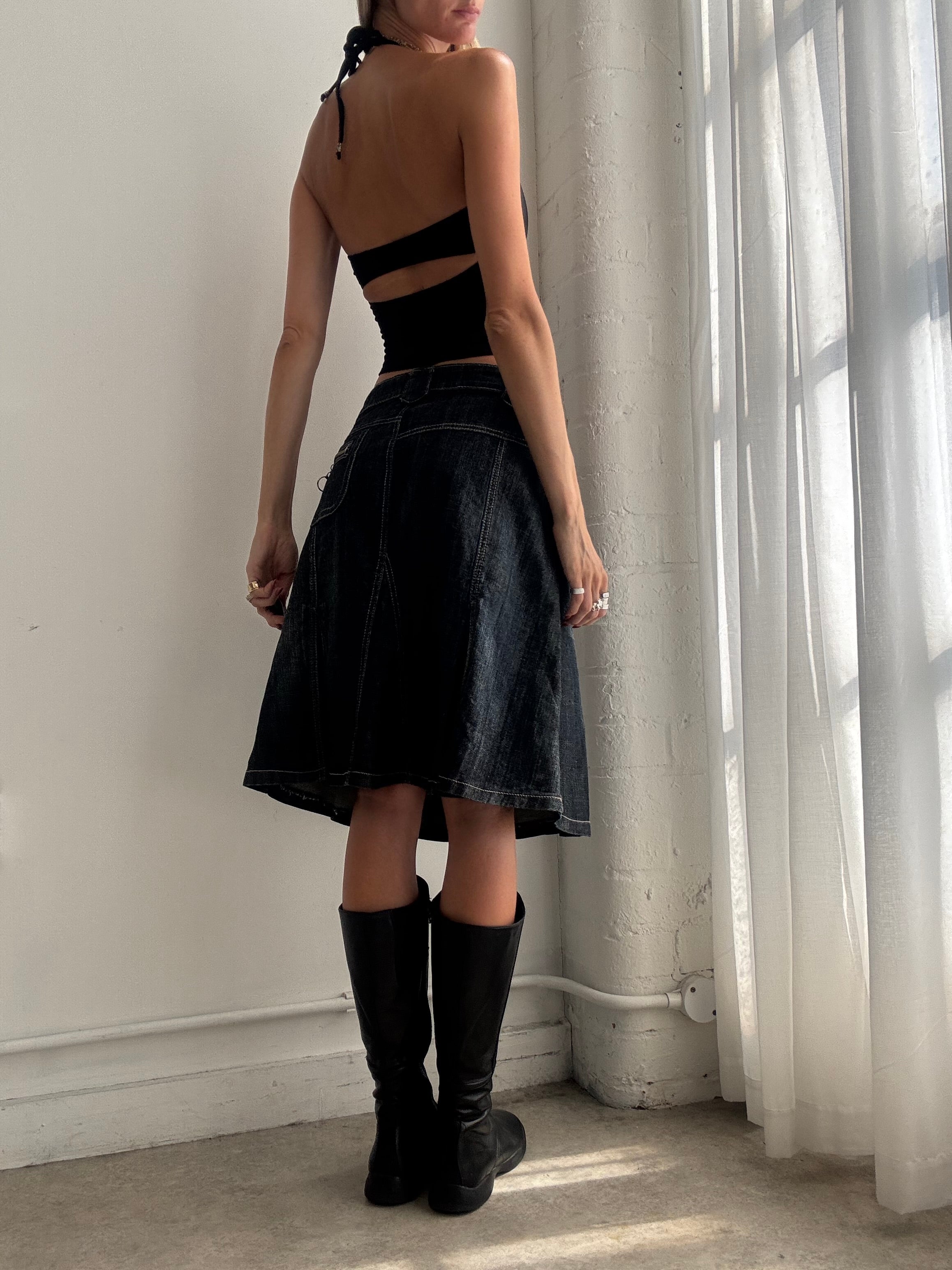 Vintage y2k Black Low Rise Denim Utility Midi Skirt - Size M