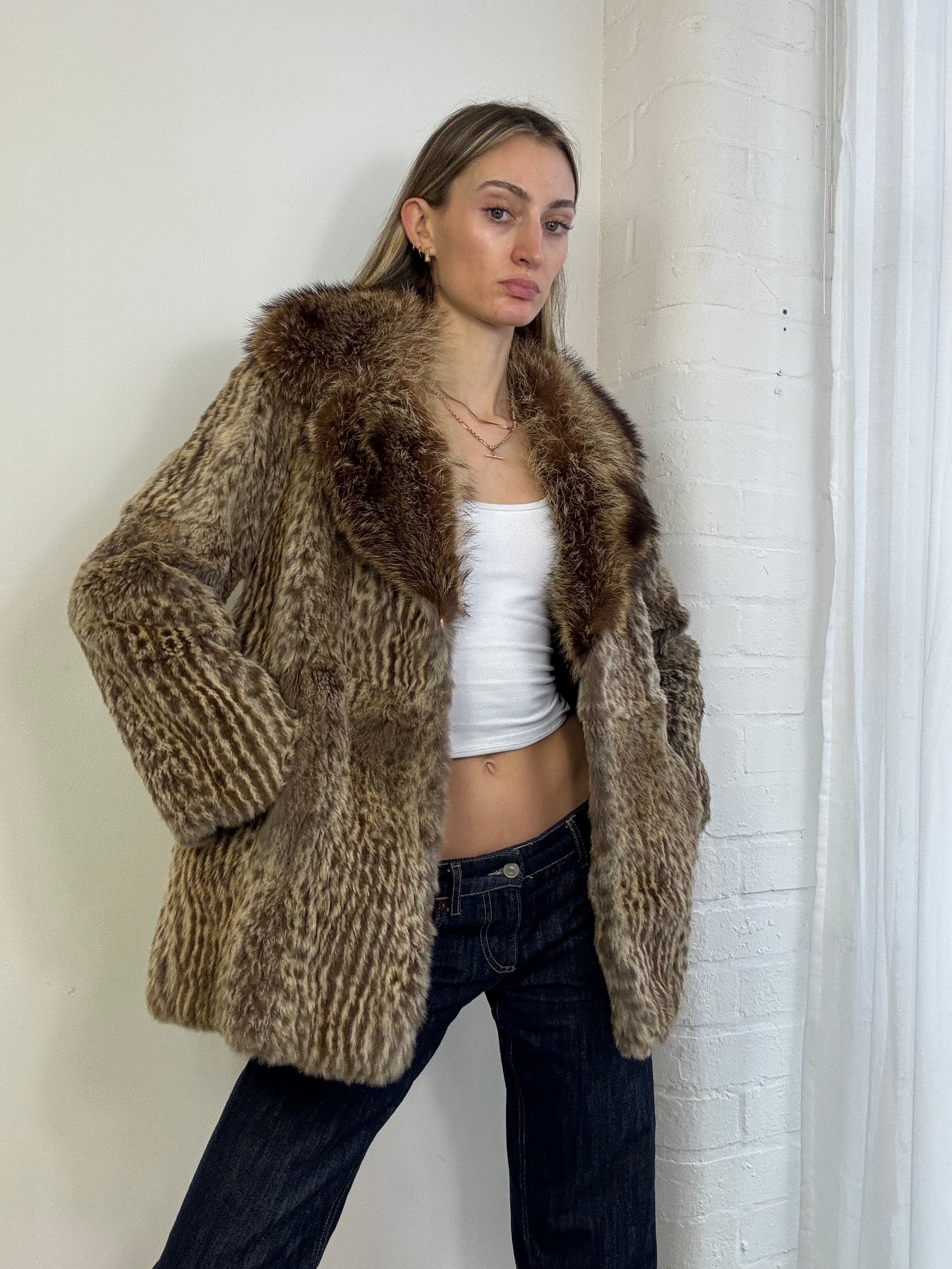 Vintage 90s leopard print fur coat brown