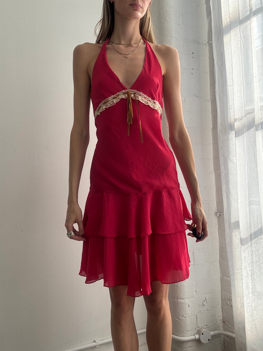Vintage Y2k Halter Neck Mesh Ruffle Midi Dress Red