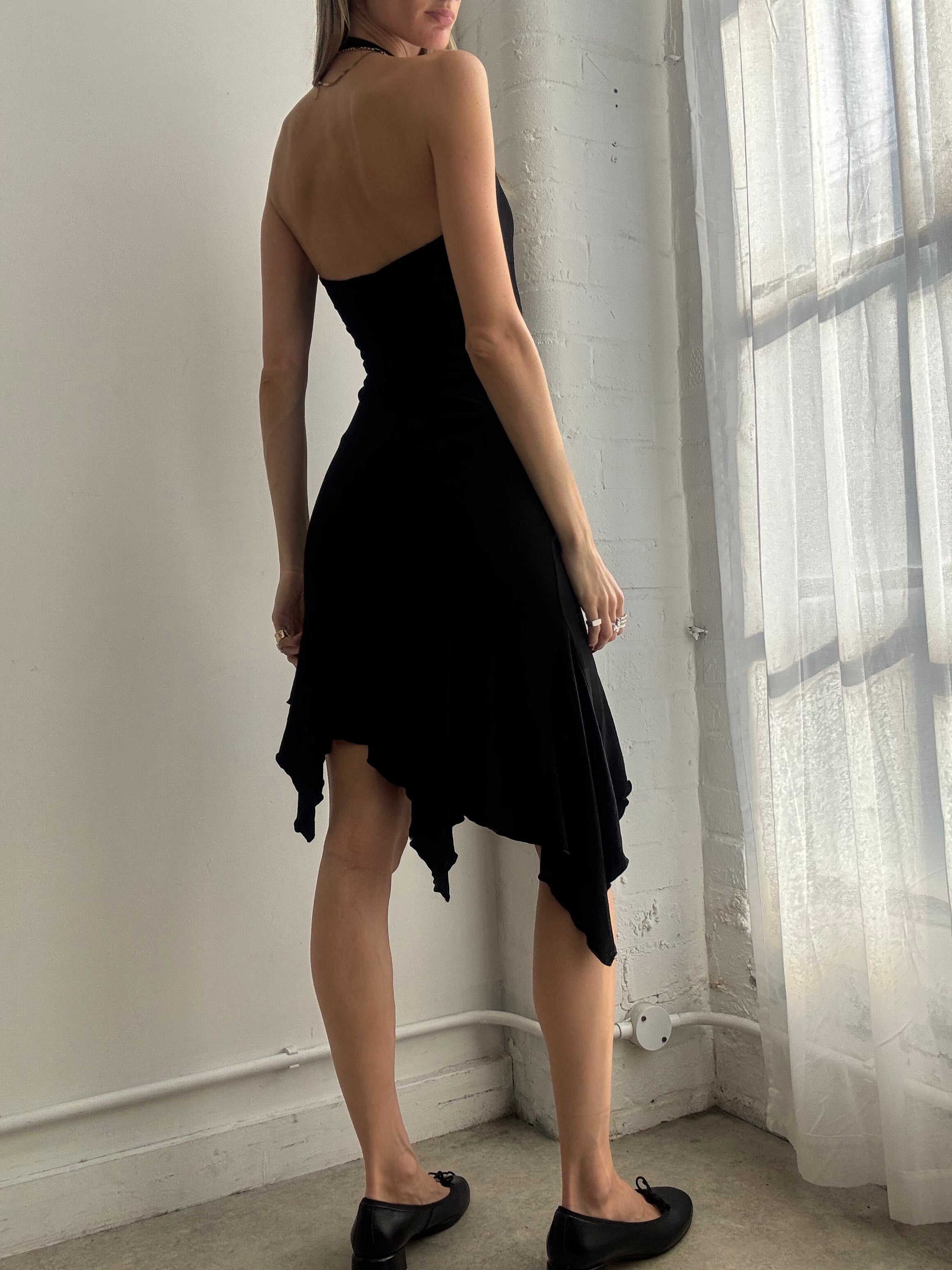 Vintage Y2k Halter Neck Asymmetric Midi Dress Black