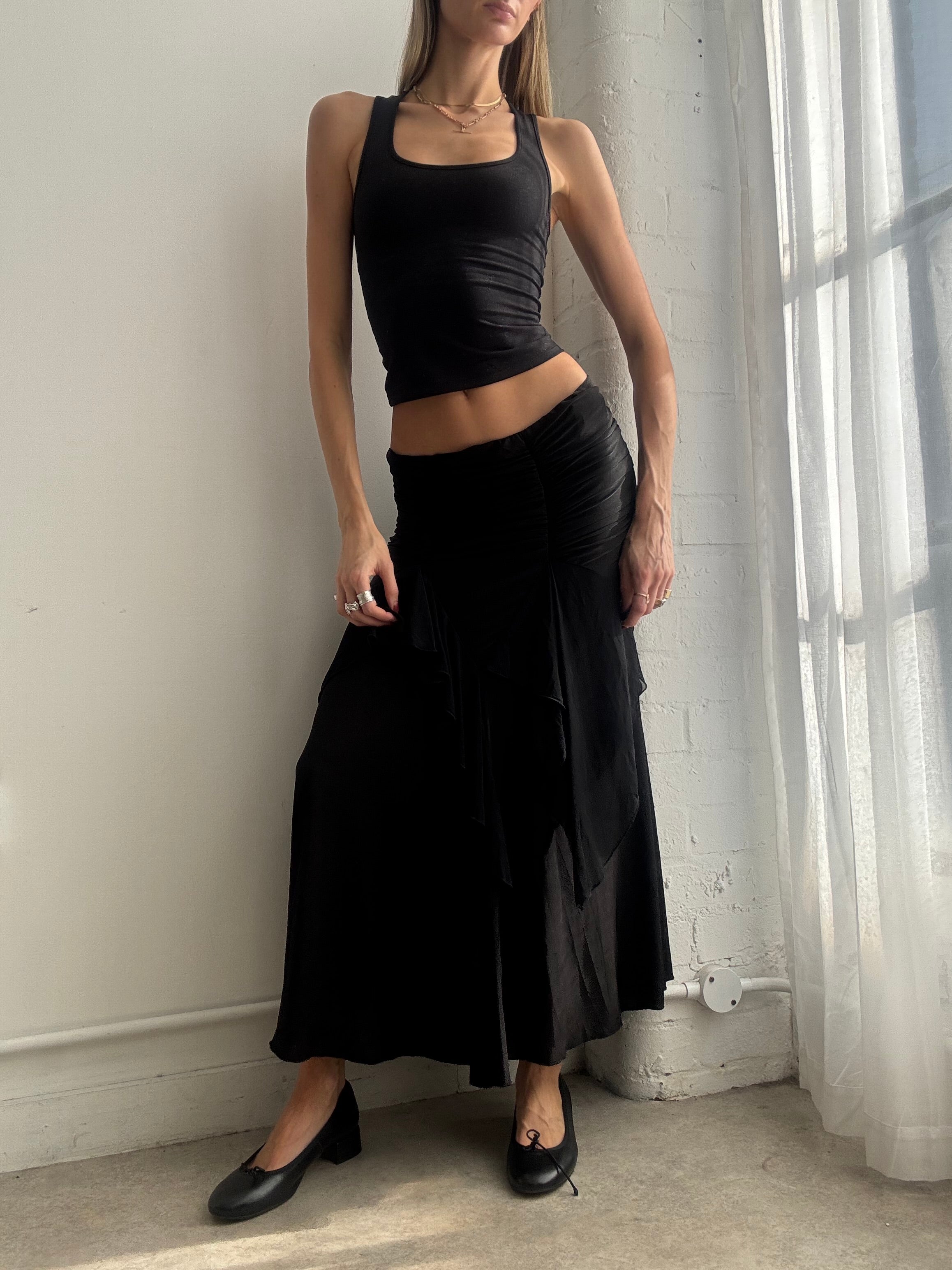 Vintage Y2K black ruched slinky maxi skirt