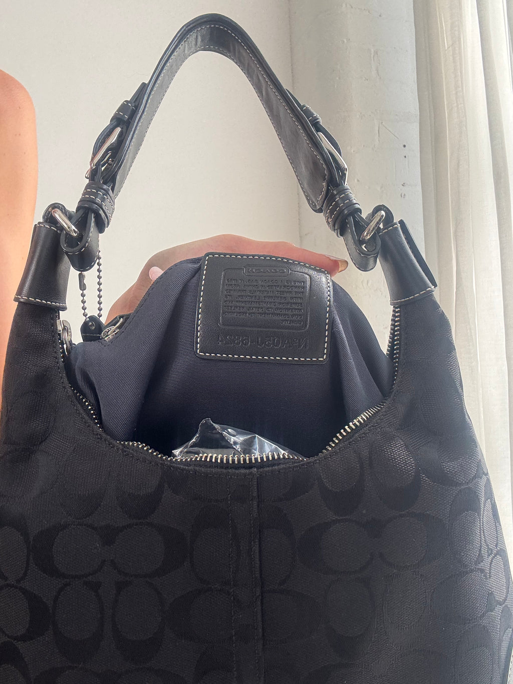 Vintage Y2K Coach Signature Shoulder Bag – Black Monogram Canvas Buckle Hobo Bag