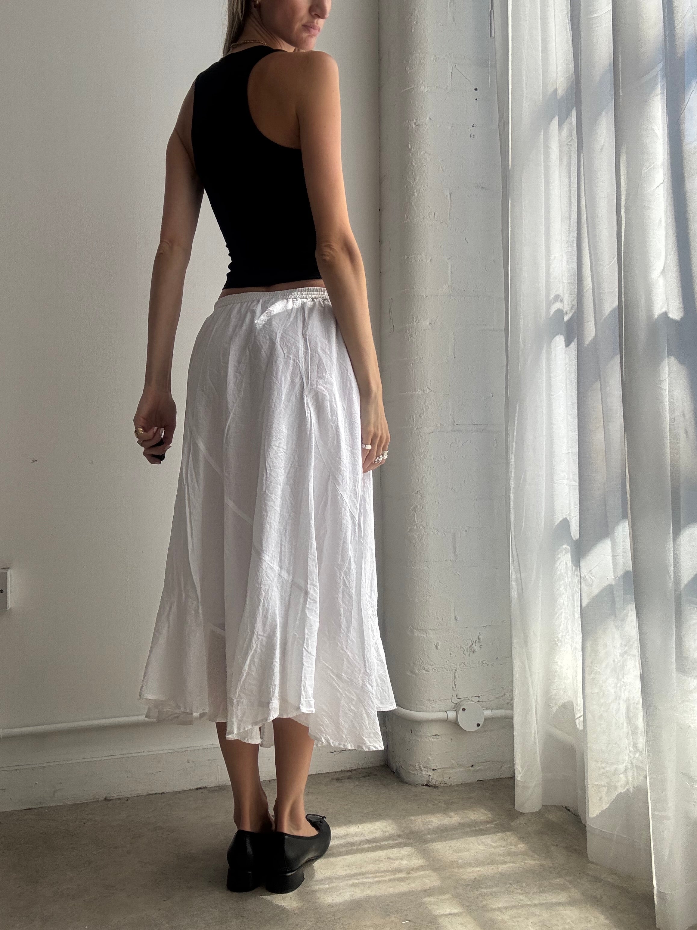 Vintage White Embroidered Floral Cotton Midi Skirt Y2K - Size L