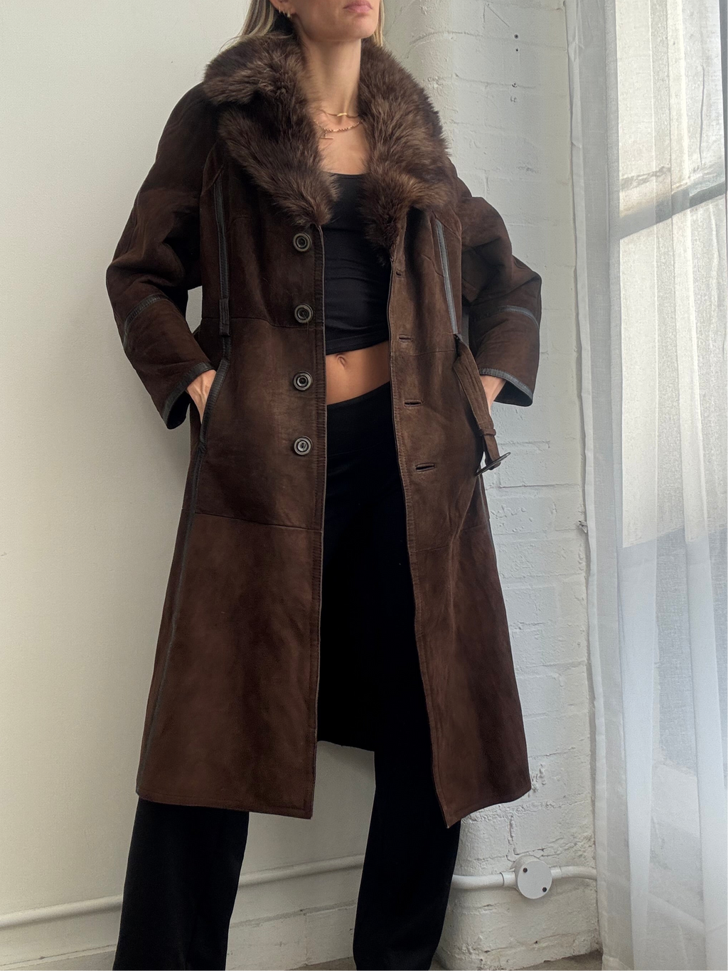 Vintage 90s brown suede sheepskin coat belted