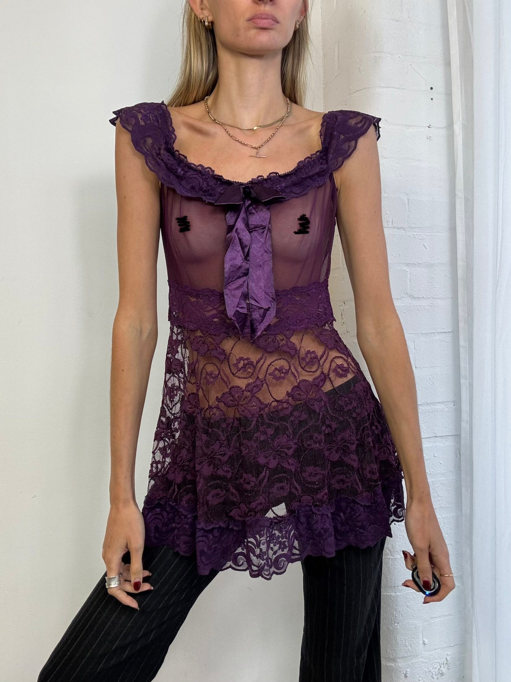 Vintage Y2K sheer mesh babydoll lace top