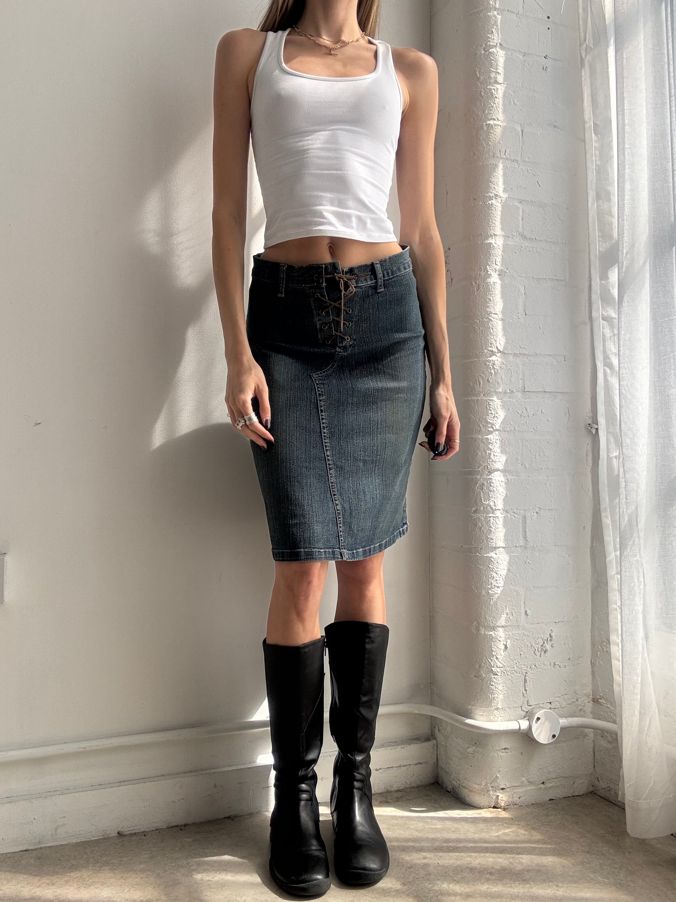 Vintage Y2K denim lace up midi skirt - Size XS