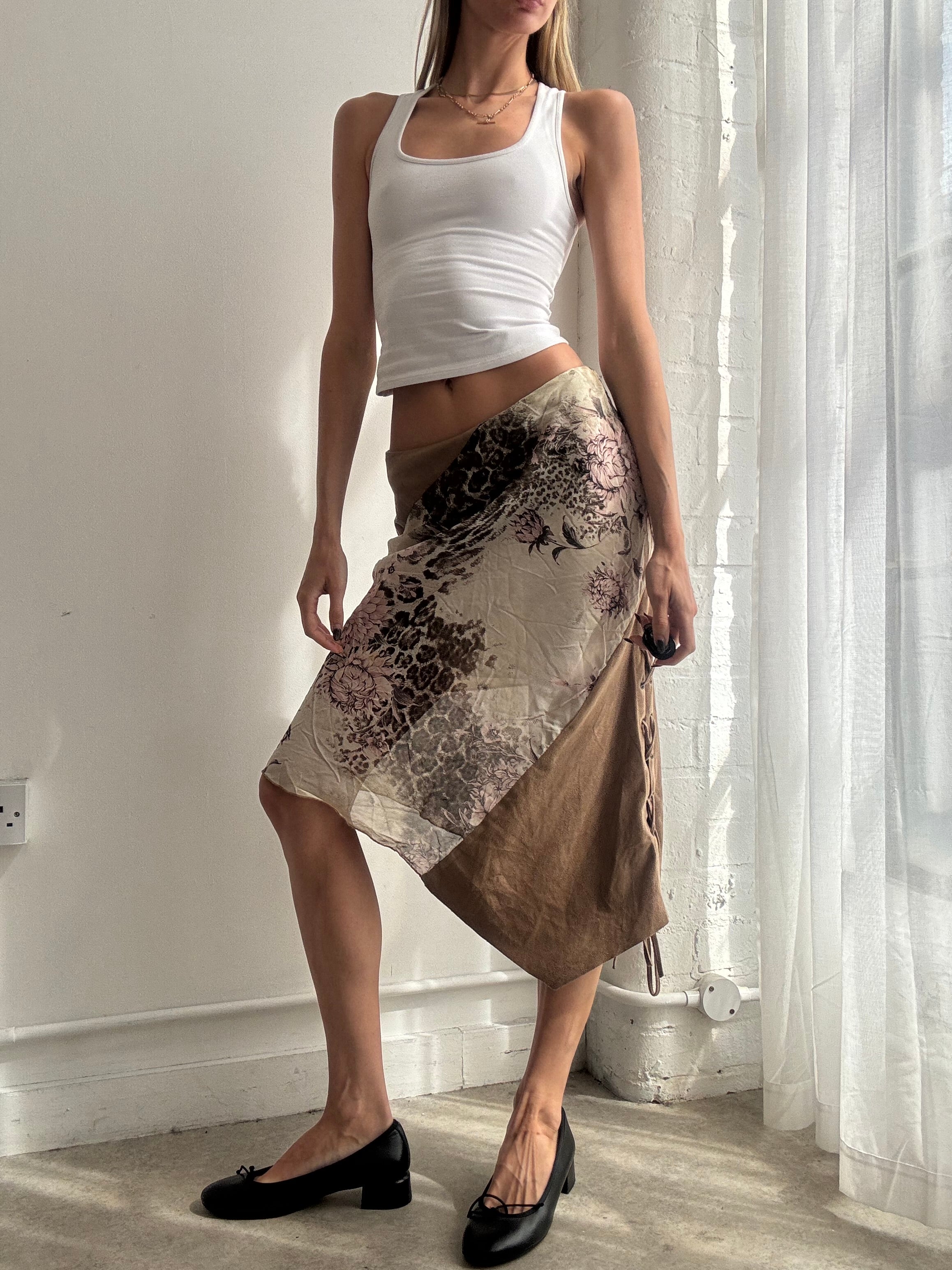 Vintage Y2K leopard print & floral asymmetric midi skirt - Size XS/S