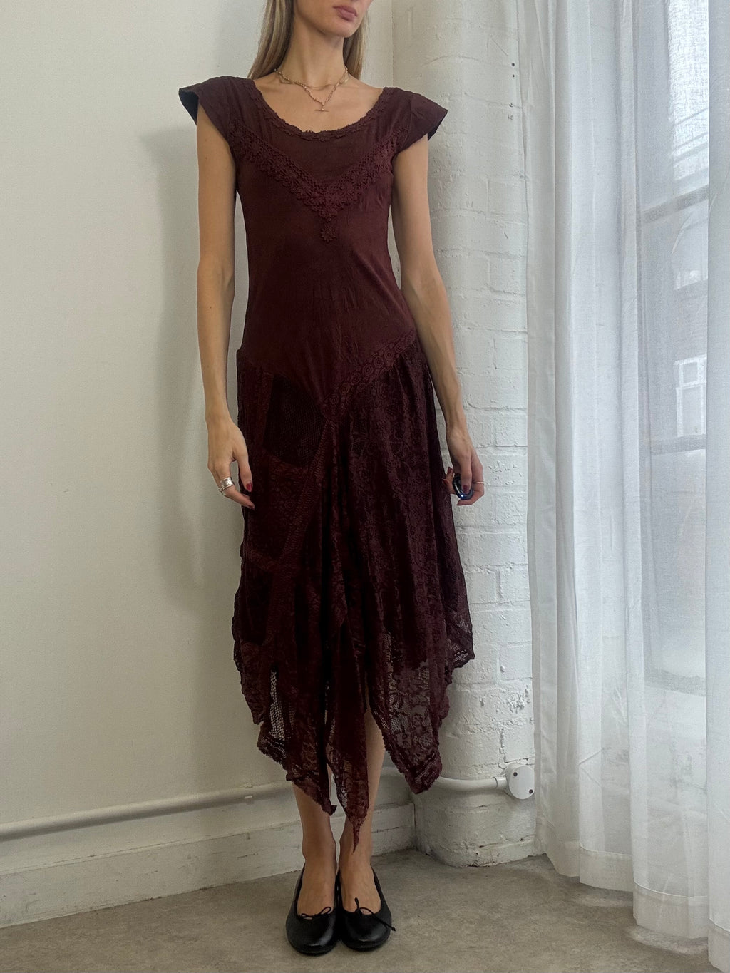Vintage Y2k Asymmetric Lace Midi Dress Brown Fairy