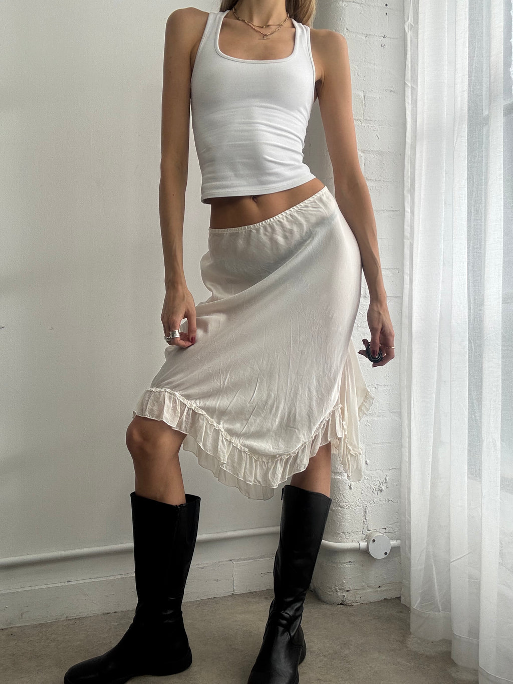 Vintage 90s white silk ruffle midi skirt
