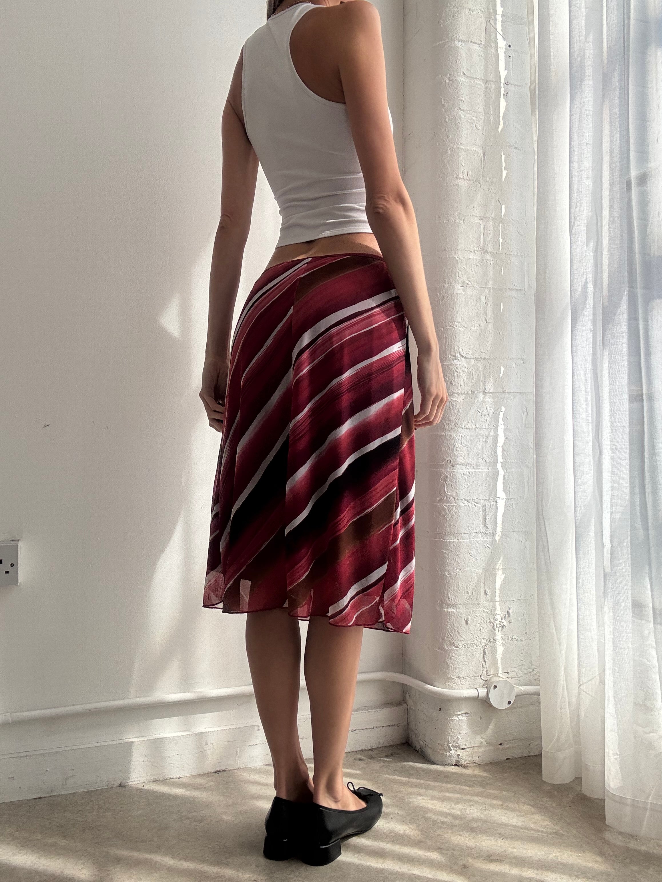 Vintage Y2K burgundy striped mesh midi skirt - Size S/M