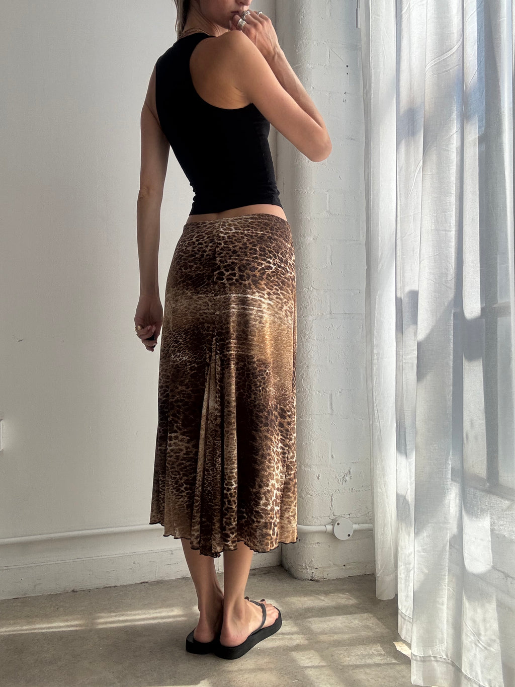 Vintage Leopard Print Mesh Midi Skirt Y2K - Size S/M