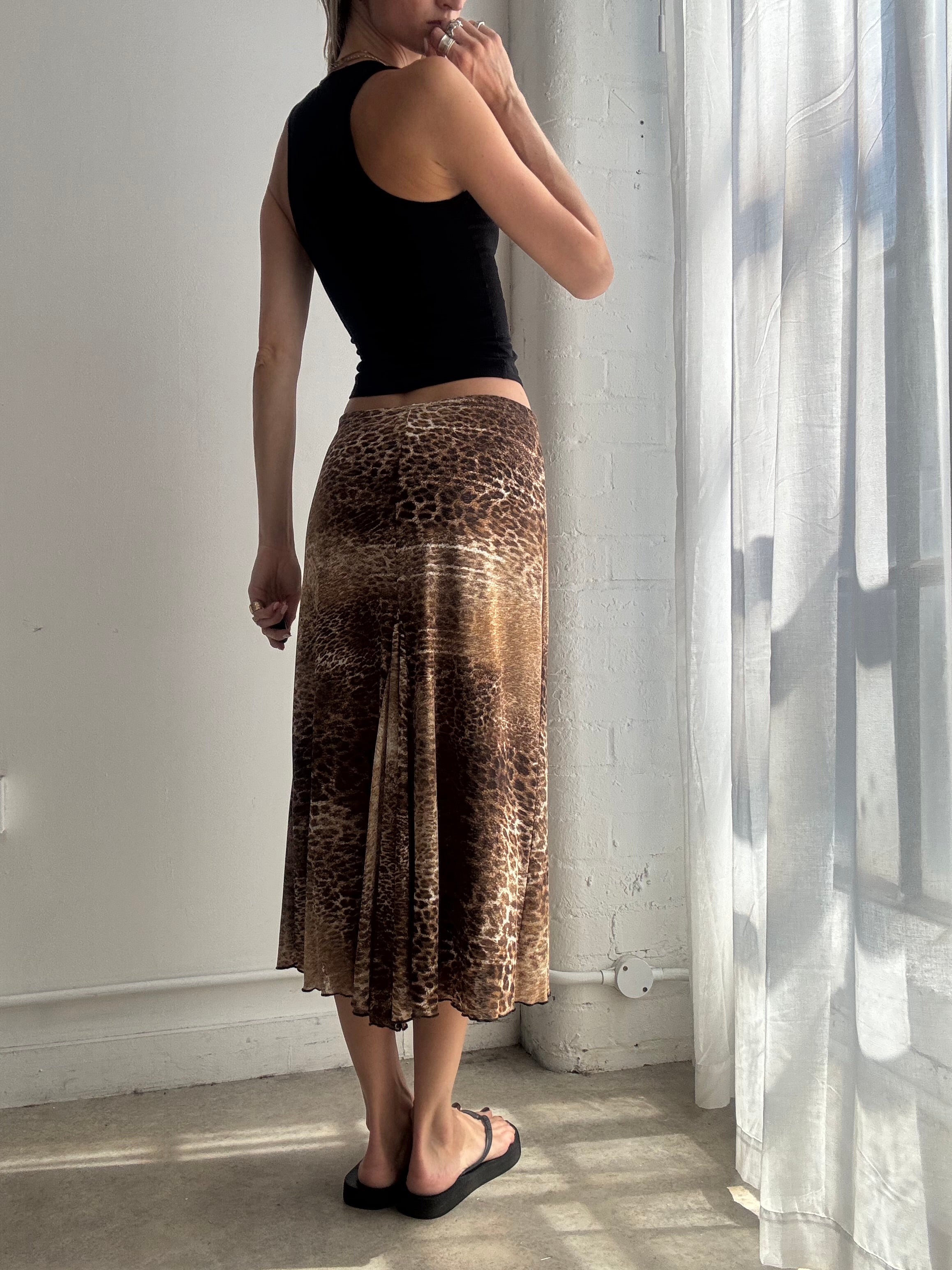 Vintage Leopard Print Mesh Midi Skirt Y2K - Size S/M
