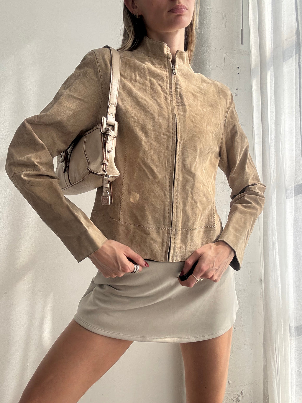 Vintage Y2K tan suede zip-up biker jacket