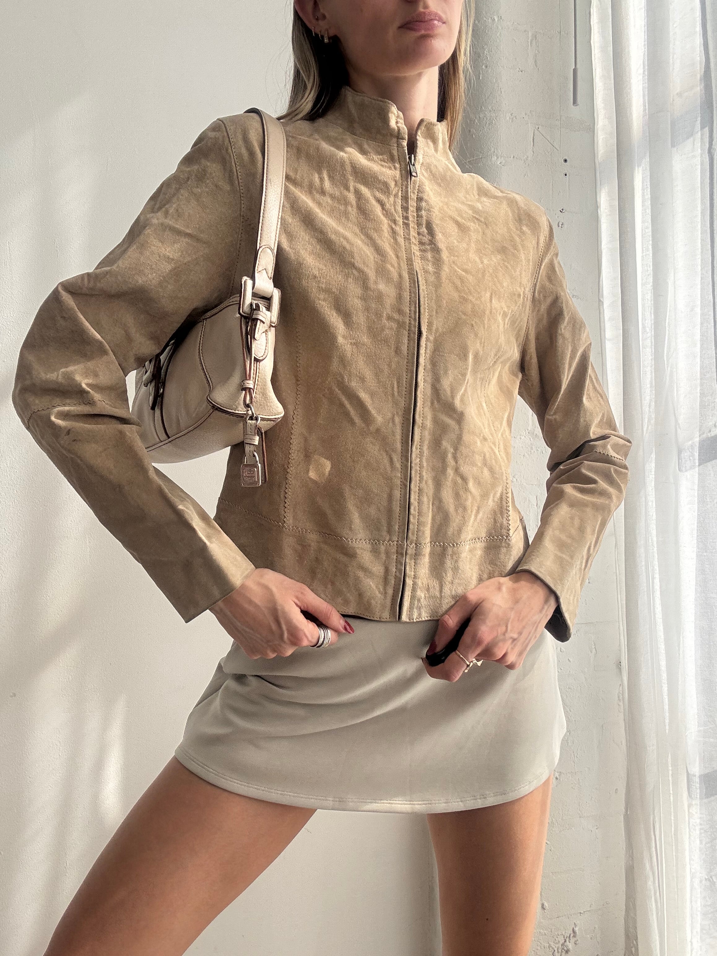 Vintage Y2K tan suede zip-up biker jacket